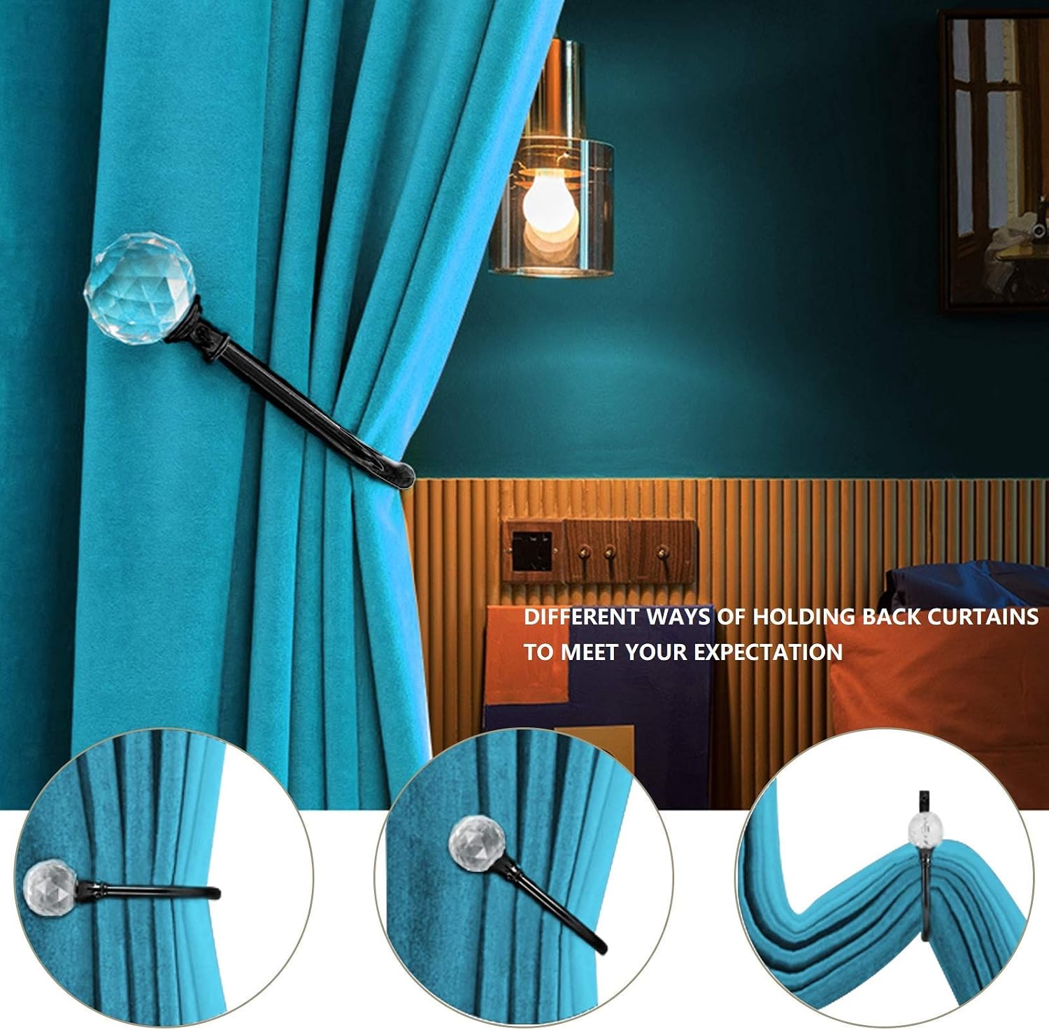 Curtain Holdbacks, Curtain Tieback Hooks for Drapes Crystal Curtain Holdbacks Holder for Wall Black Curtain Tiebacks Metal Drapery Curtain Hooks Window Treatment Holdbacks Set of 2