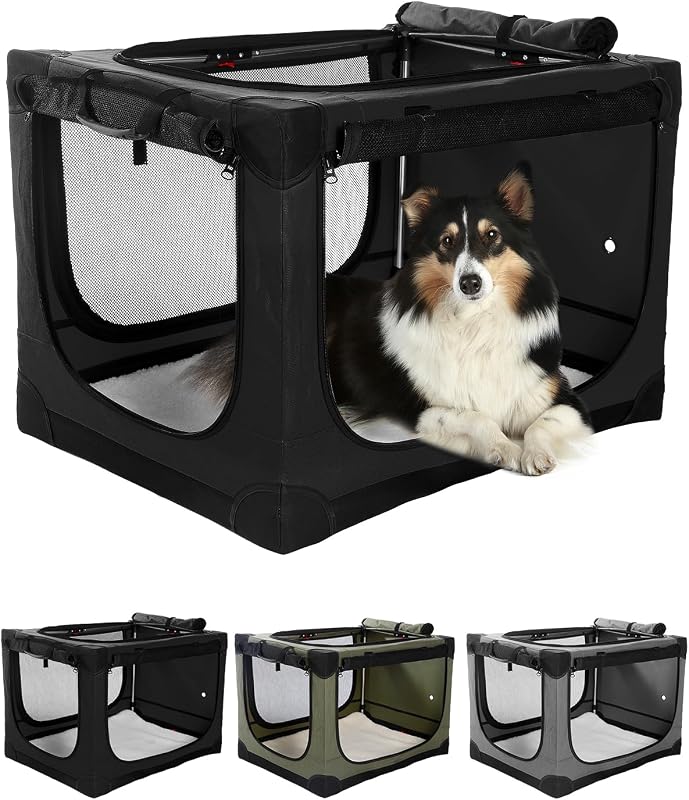 Caixa de Transporte Dobrável para Cães com Estrutura de Aço e Tela, 4 Portas, Veraste, 60,96 x 43,18 x 43,18 cm