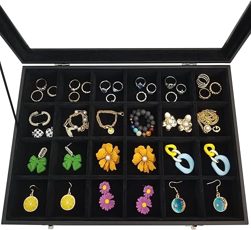Miniatura 3 de Joyero de 24 rejillas extraíbles para aretes y anillos, caja organizadora con tapa transparente para mujeres y esposas (negro)