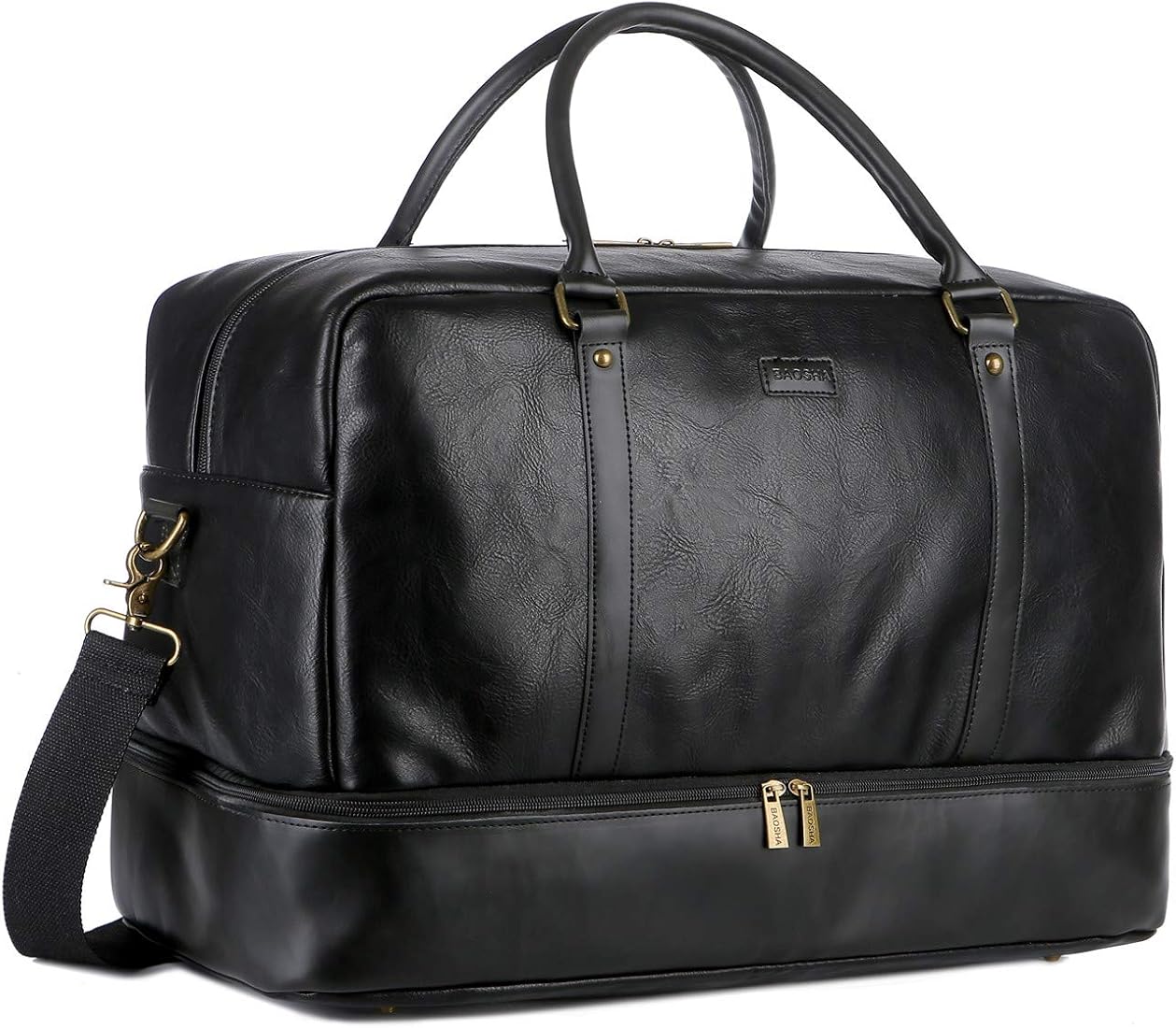 BAOSHA Leather Large Travel Duffel Tote Bag Carry On Weekender Overnight Bag With Shoe Compartment HB-38 (Black)