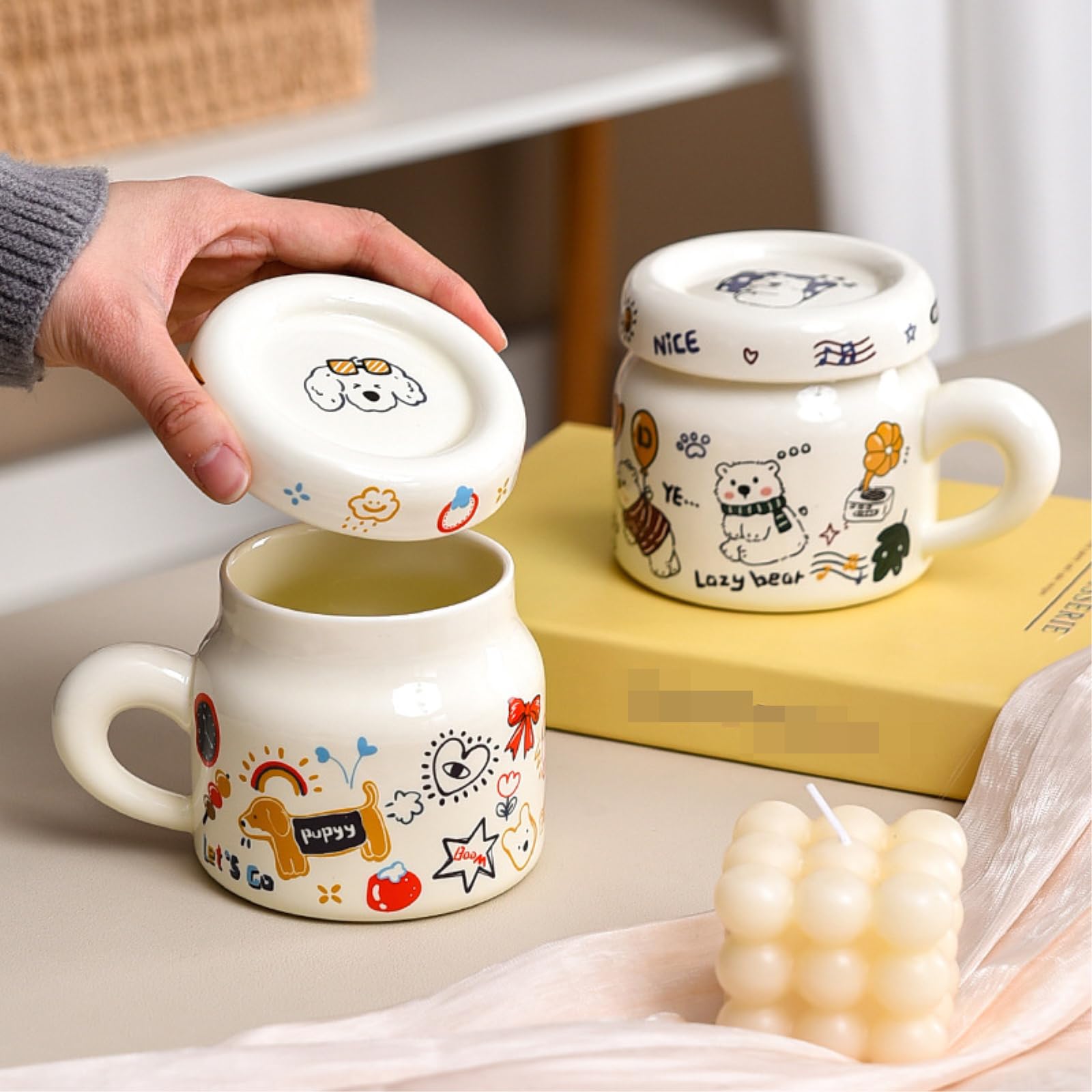 Taza de cerámica para cachorros de 400 ml con tapa, creativa, bonita taza de dibujos animados, divertida y divertida, 400 ml