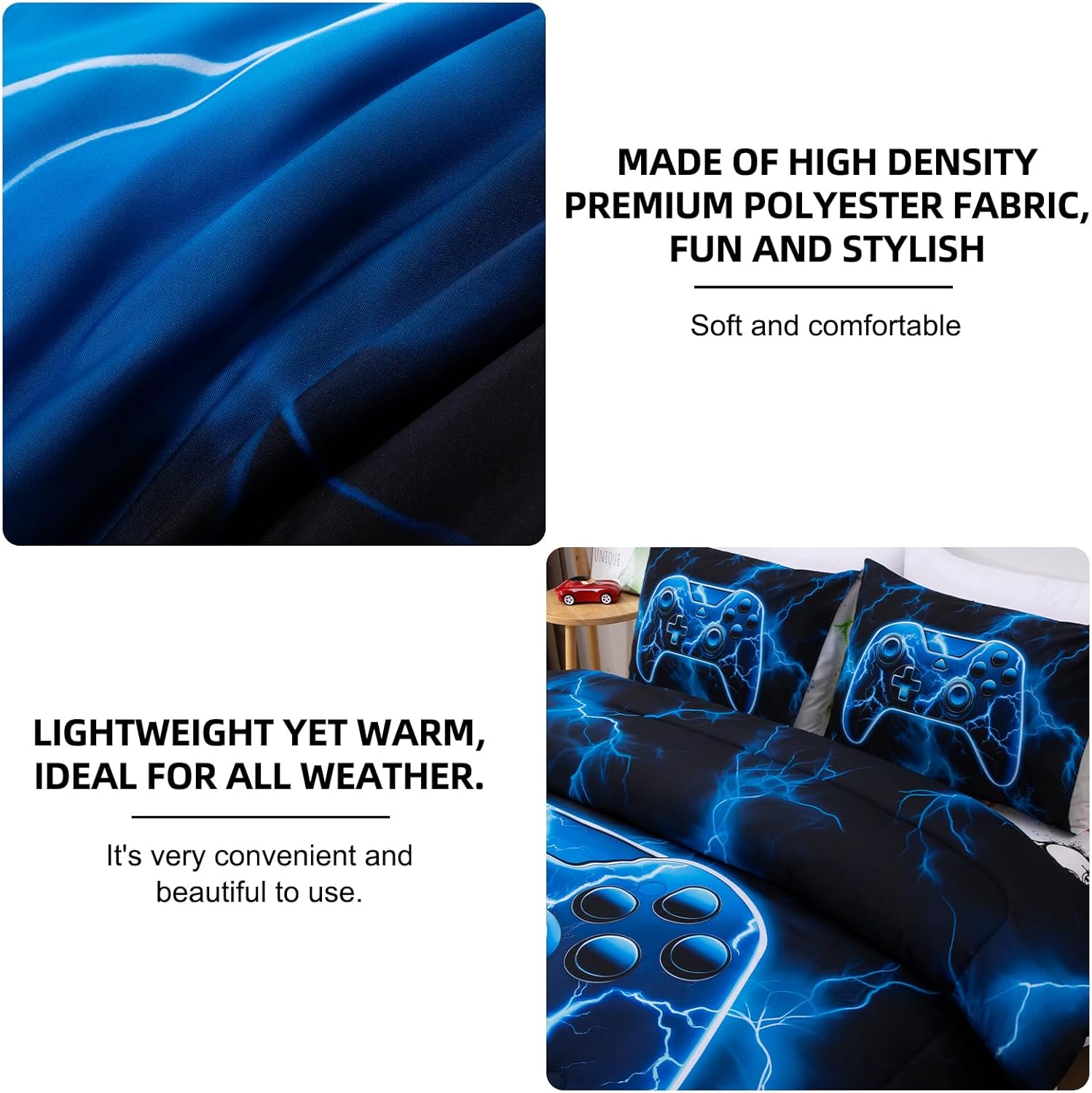 Meeting Story 5 Pieces Kids Game Comforter Set Queen Size Blue Gamer Bedding Set for Boys Teen 3D Cool Black Video Gaming Bed in A Bag with Sheets(Blue)