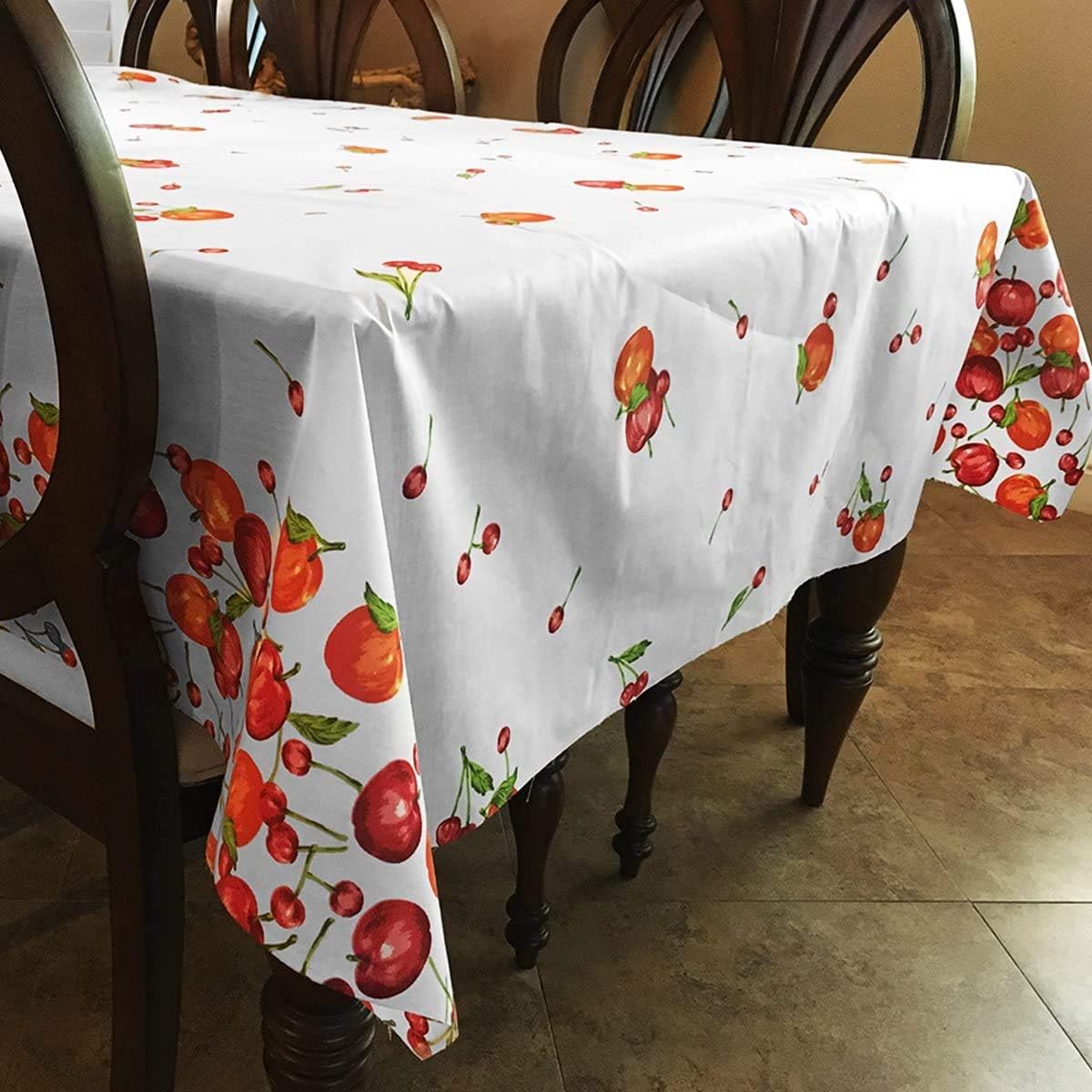 Zen Creative Designs Apples and Cherries White Cotton Rectangle Tablecloth and Overlay Perfect for Spring and Summer Events/Kids Birthday/Outdoor Picnics/Party Decor (58"x90")