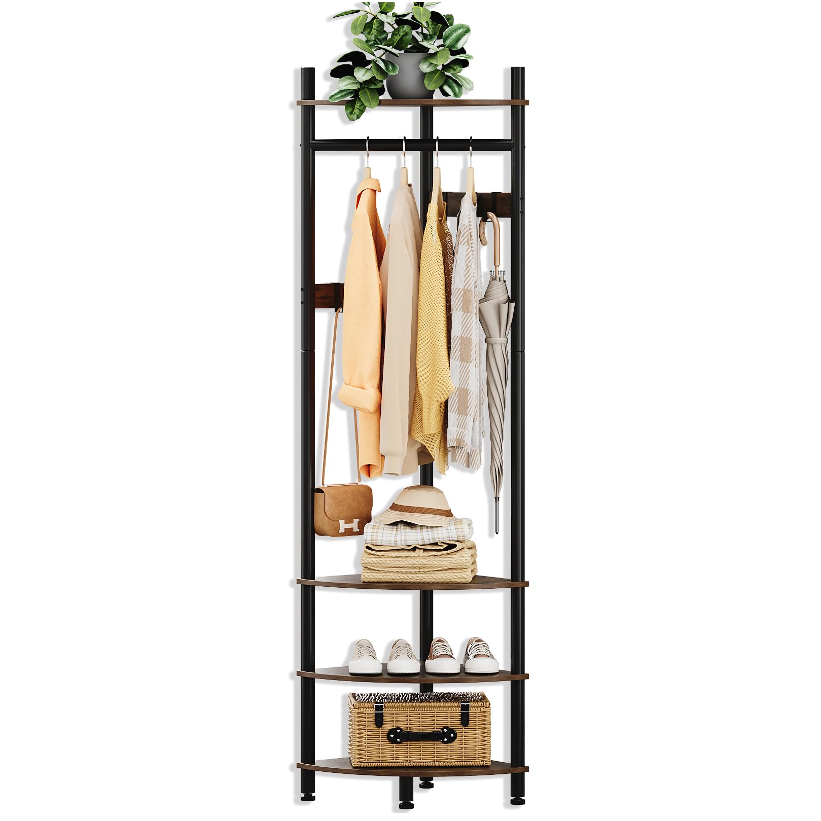 VEDECASA Appendiabiti ad albero ad angolo con ripiani a 4 livelli e panca per scarpe, autoportante, ad angolo, con 6 ganci mobili, organizer industriale in legno, marrone