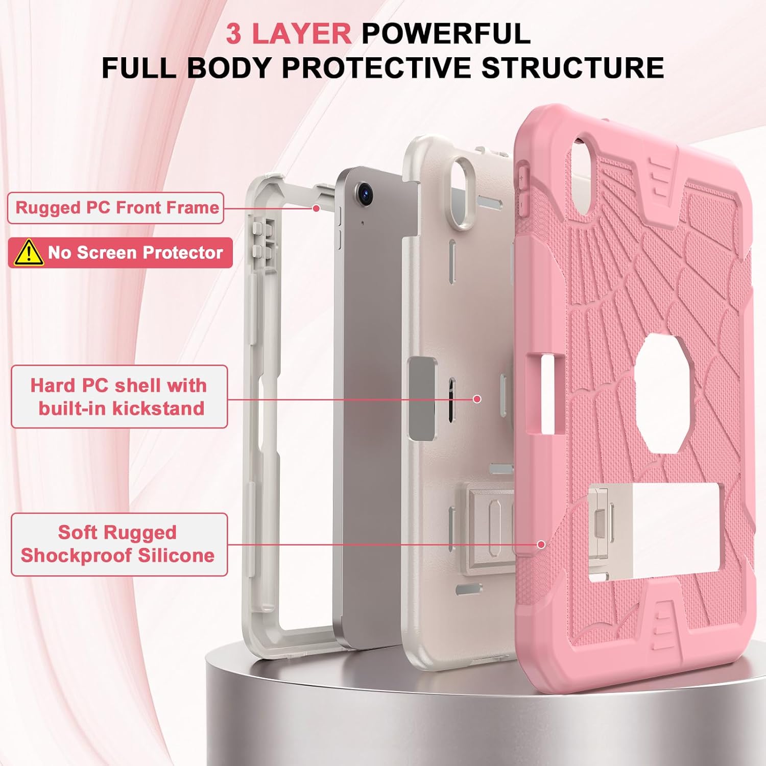 SIBEITU iPad 11th A16 2025/ 10th Generation Case for Kids Girls, Shockproof Rugged iPad 10th 10.9 Inch Case 2022 with Kickstand & Pencil Holder, 3-Layer Protective Cute 10 Gen Cover for Women, Pink - Image 3