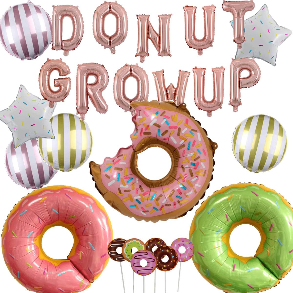 Donut Grow Up Rose Gold 26pcs Balloon Pack for Birthday Baby Shower Party Decorations Supply - 16" Donut Grow Up Balloon Banner, 28" Donut Foil Balloons, 18" Candy Balloon, Cake Topper