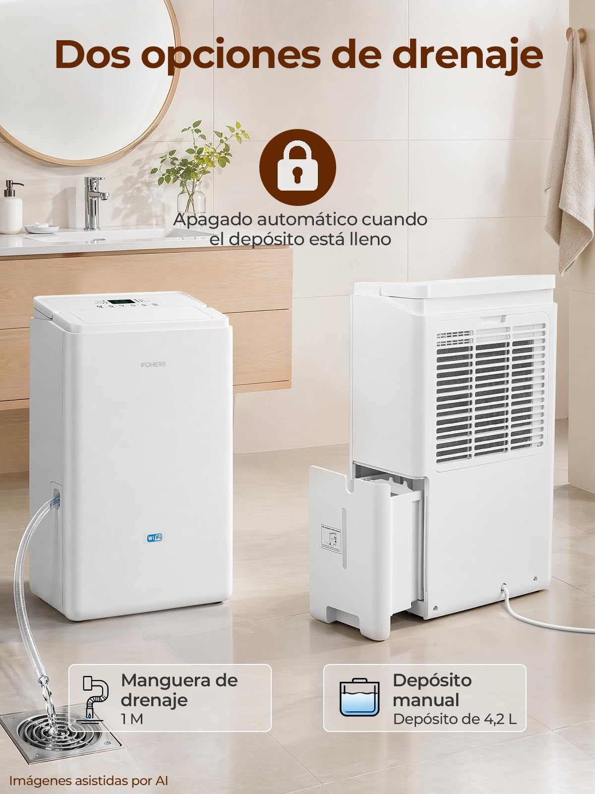 FOHERE Deshumidificador de aire Inteligente WiFi 20L/24H, Deshumidificador para Habitaciones hasta 50m², Gran Depósito 4,2L y Manguera, Oscilación, Secado de Ropa, Temporizador 24H Antimoho