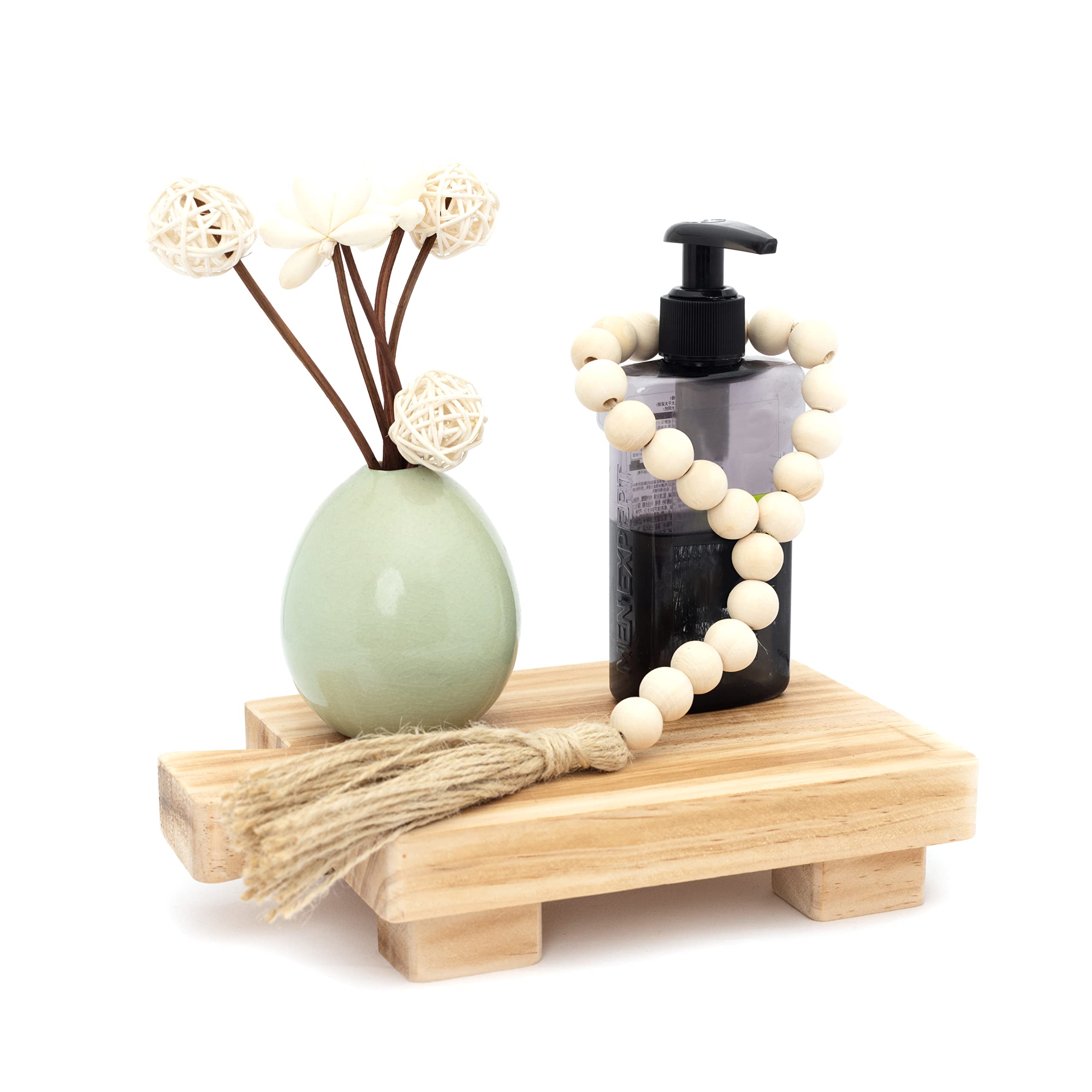 J-Chen Wood Pedestal Soap Stand with Wood Bead Garland, Soap Tray, Raw Wood Riser, Kitchen Tray, Plant Holder for Bottles Plant Makeup Tissues Candles Guest Towels Vanity Plate Jewelry Soap Decor