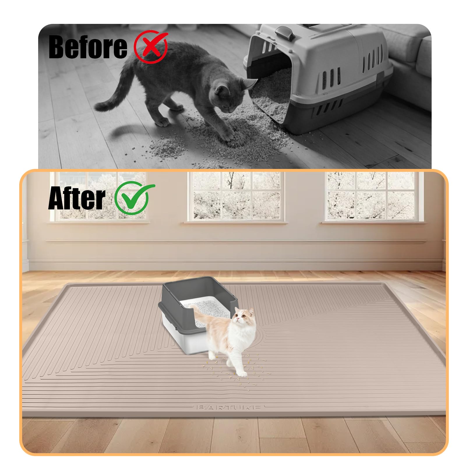 XXL Katzenstreu-Matte, extra große 127 x 91cm Silikonmatte Katzenstreu-Fangmatte für Streukontrolle, weich für Katzenpfoten, leicht zu reinigen (Khaki)