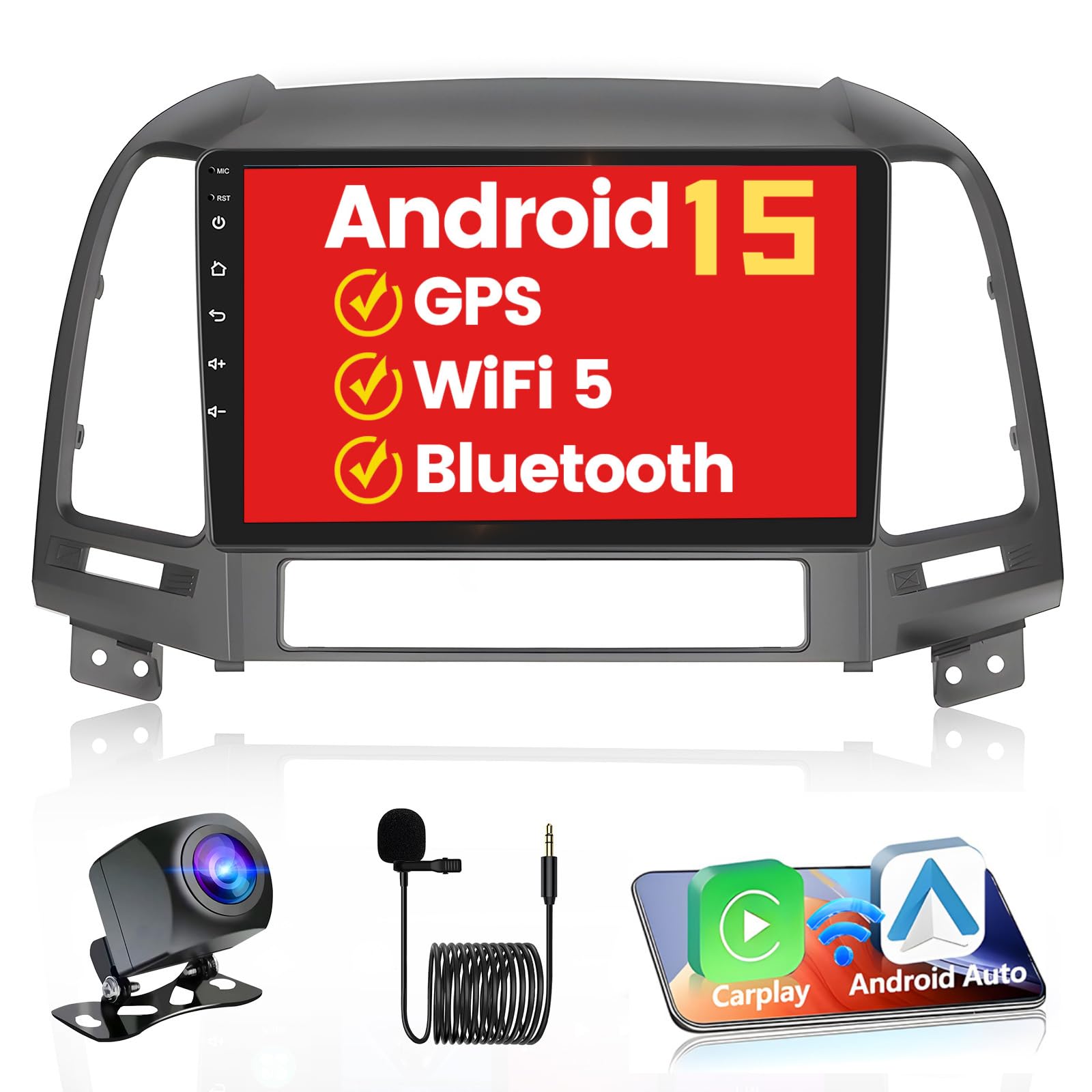 OiLiehu Android 15 Autoradio Für Hyundai Santa Fe 2006-2012 - 9 Zoll Mit CarPlay