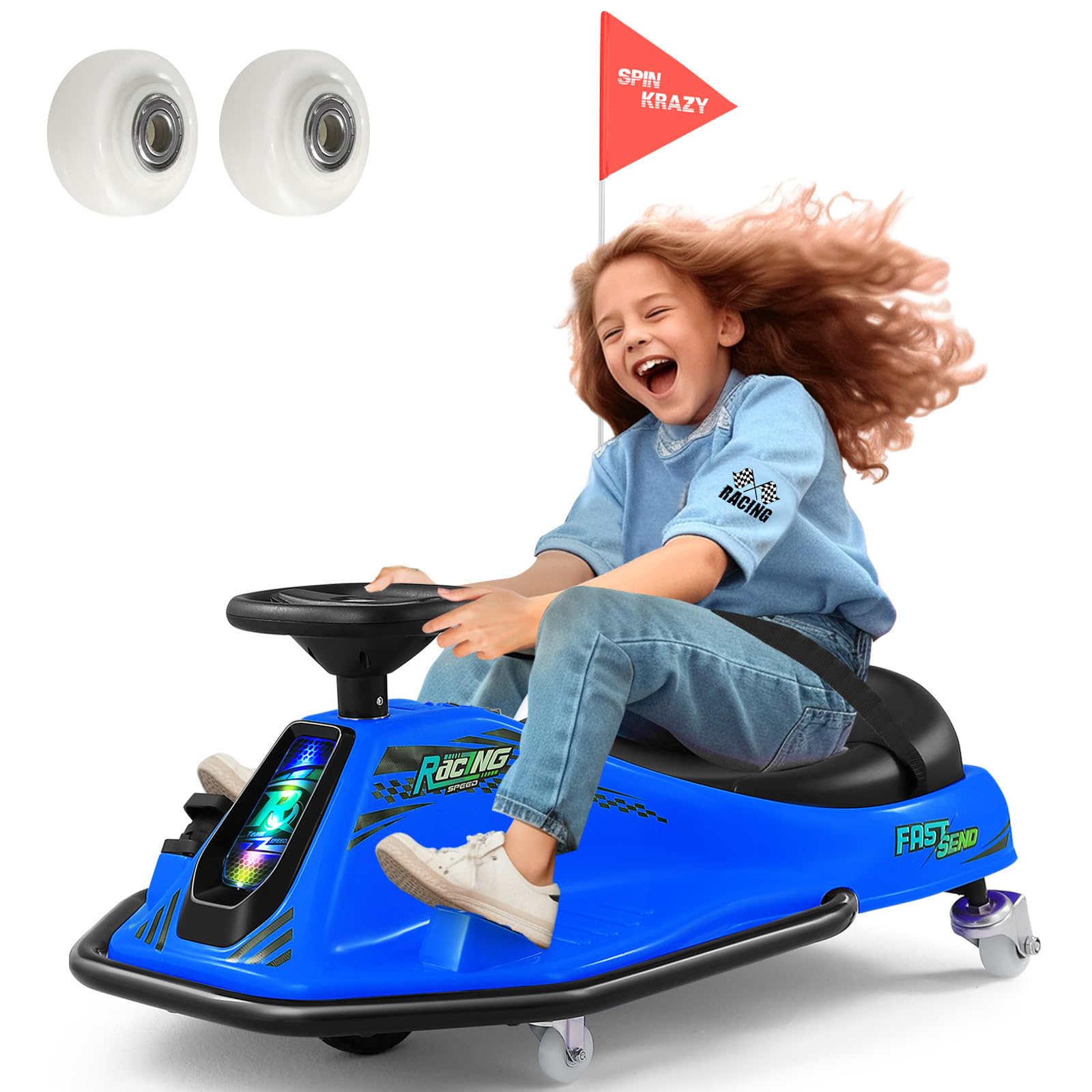 360 Degrees Rotating Ride On Drift Car, 24V Electric Drifting Go Kart for Kids W/24V Brushless Motor,Replacement Wheels, 3-7.5mph Speed, Flashing Lights, Flag, Music,Bluetooth,Blue