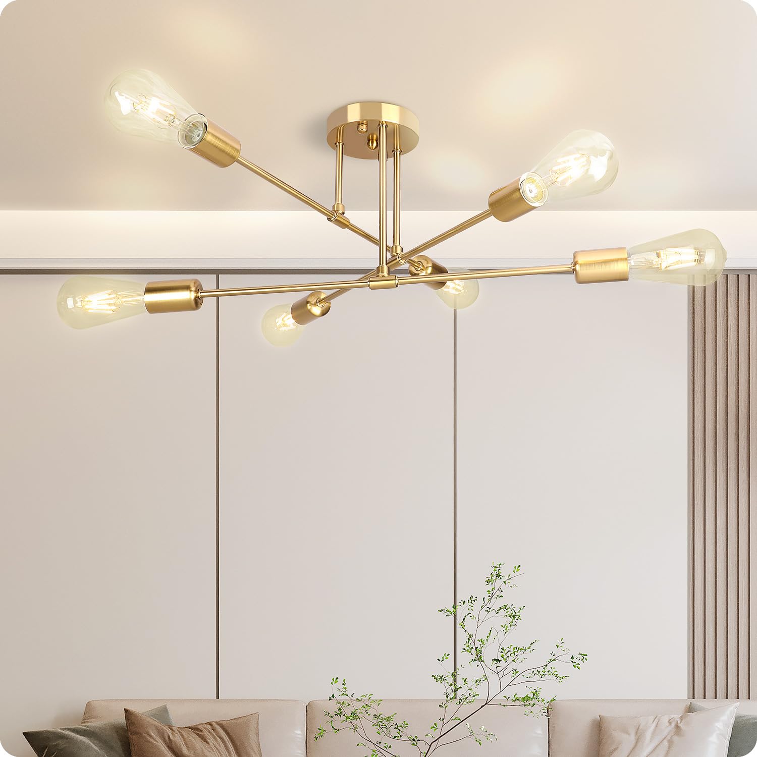 Soilsiu Modern Ceiling Light Fixture, 6-Light Industrial Sputnik Chandelier for Bedroom, Dining Room, Living Room, Kitchen, Office (Gold, W:22", H:9.5")