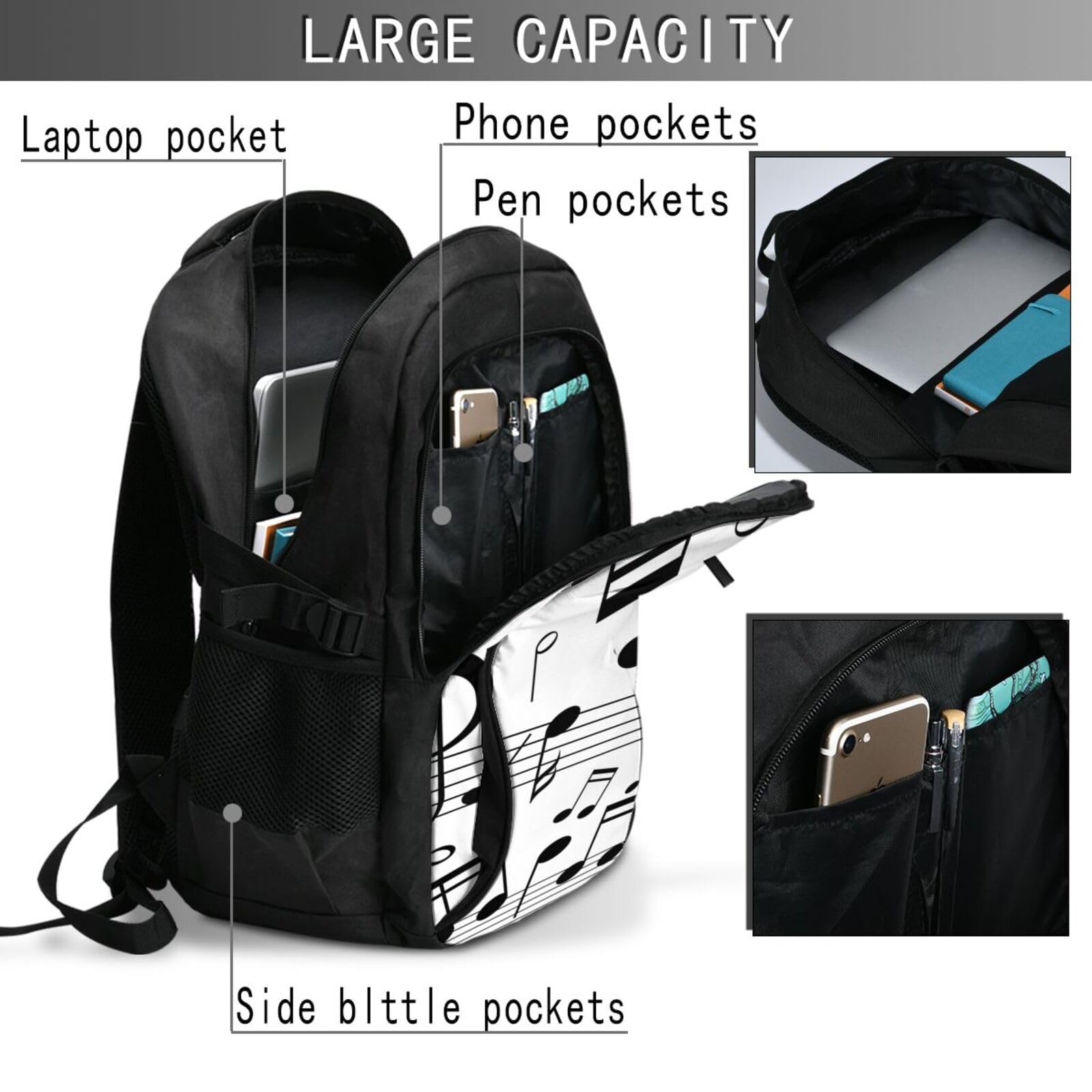 InOmak Schwarze Musik Noten Skalen, Reiserucksack, Freizeitrucksack, Schulrucksack, Laptop-Rucksack für Damen und Herren