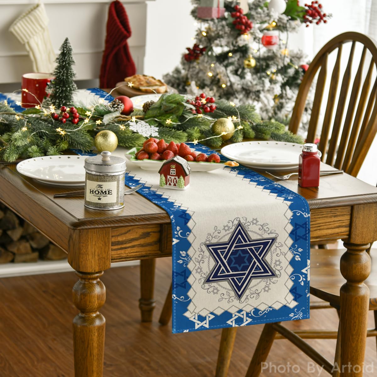 Artoid Mode Hexagram Hanukkah Table Runner, Star of David Jewish Menorah Passover Chanukah Holiday Kitchen Dining Table Decoration for Indoor Outdoor Home Party Decor 13 x 72 Inch