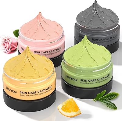 4 Pcs Clay Mask Set, Turmeric Vitamin C Clay Mask , Green Tea Mask, Dead Sea Mud Mask, Rose Clay Mask, Skin Care Face Mask...