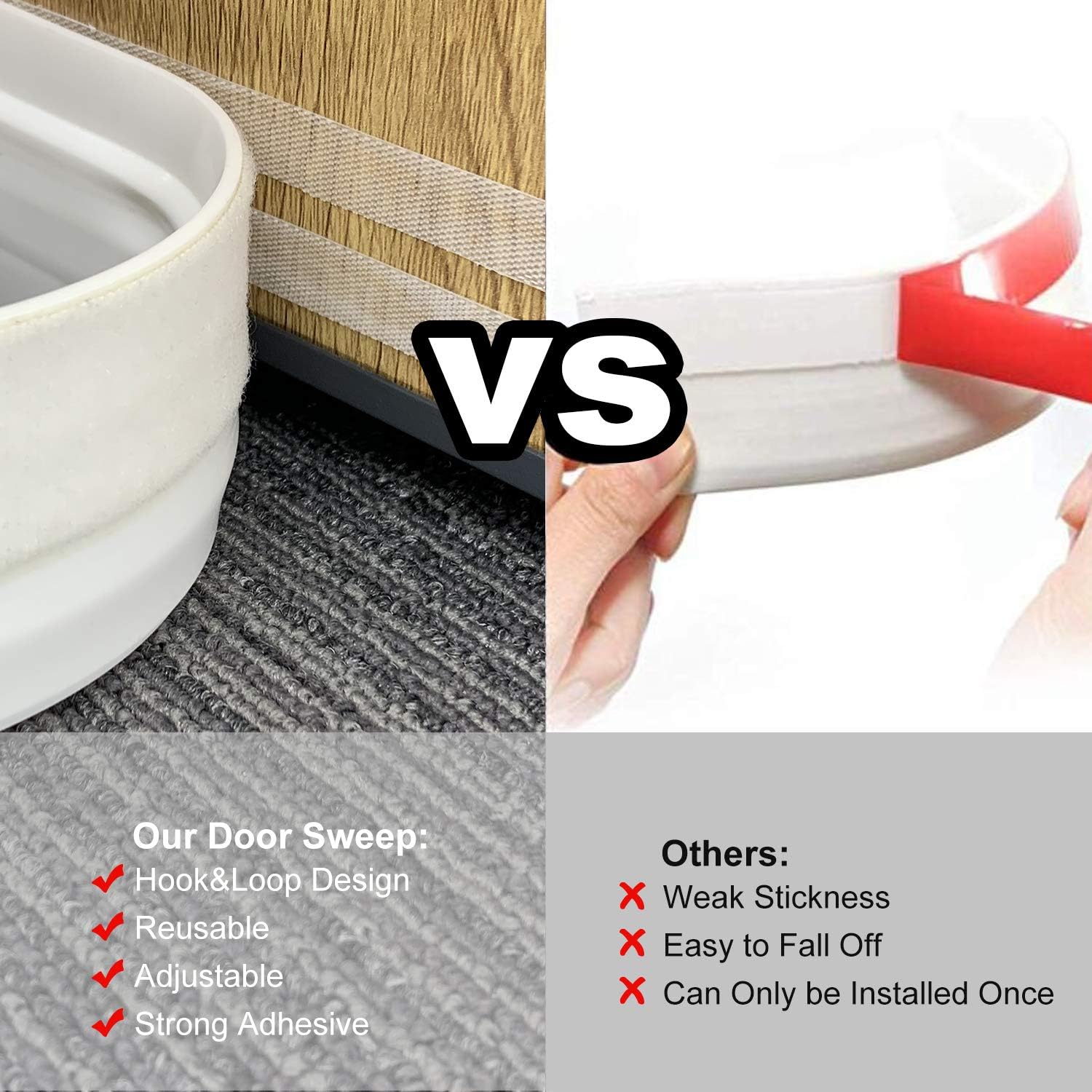 TORRAMI Under Door Draft Stopper Blocker 39 inch, Front Interior Door Bottom Sweep Adjustable and Removable Weather Stripping Guard Seal Air, Dust, Reduce Noise, White