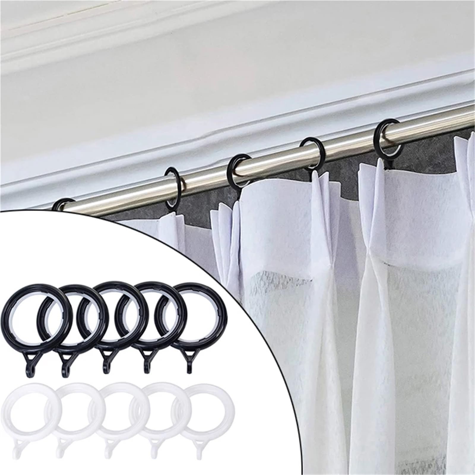 Anneaux de rideaux, Anneaux de rideau avec œillets 320 pièces crochets draperie en plastique sans bruit coulissant à l'échelle nanométrique silencieux accessoires noir et blanc(White)