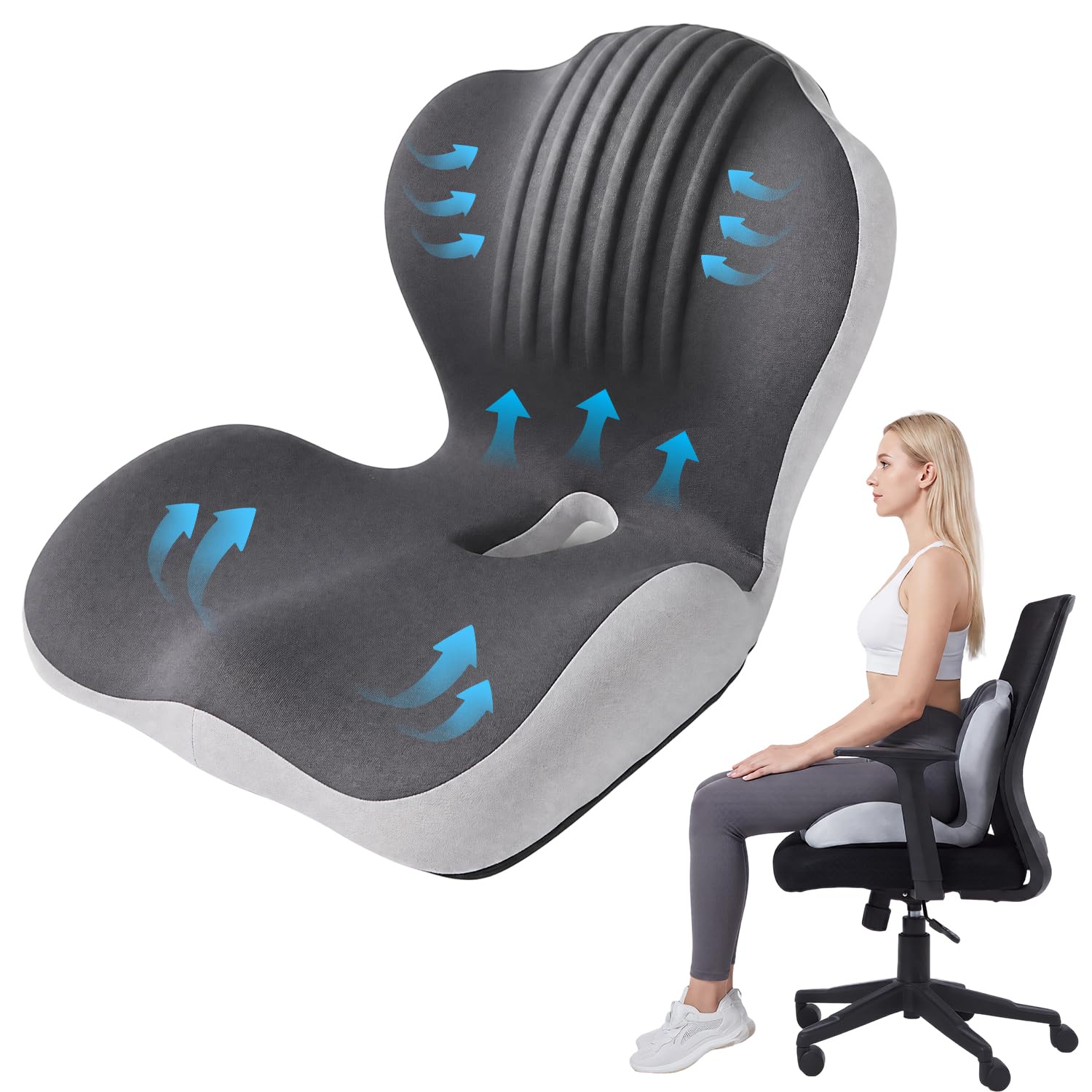 OWill Ergonomic Memory Foam with Lumbar Back Support, Memory Foam Coccyx Cushion for Tailbone Sciatica Pain Relief, Non Slip Sitting Pad for Office Chair Car Home Use