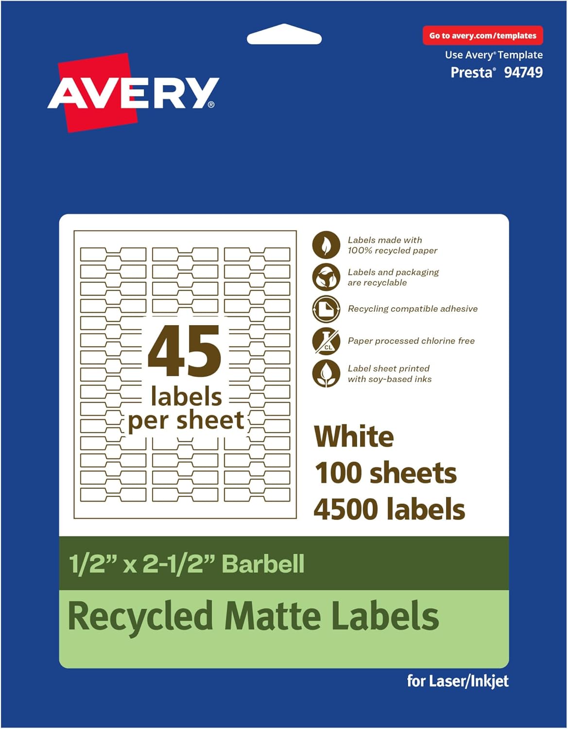 Avery EcoFriendly Matte White Recycled Barbell Labels, 0.5" x 2.5", Matte White Labels, Permanent Adhesive, Laser/Inkjet Printable, 4,500 Total