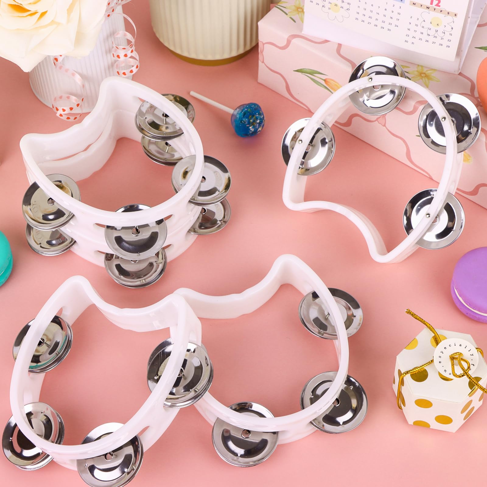 14 tambourins en plastique blanc en forme de demi-lune, avec 4 cloches, instrument à percussion pour adultes et enfants