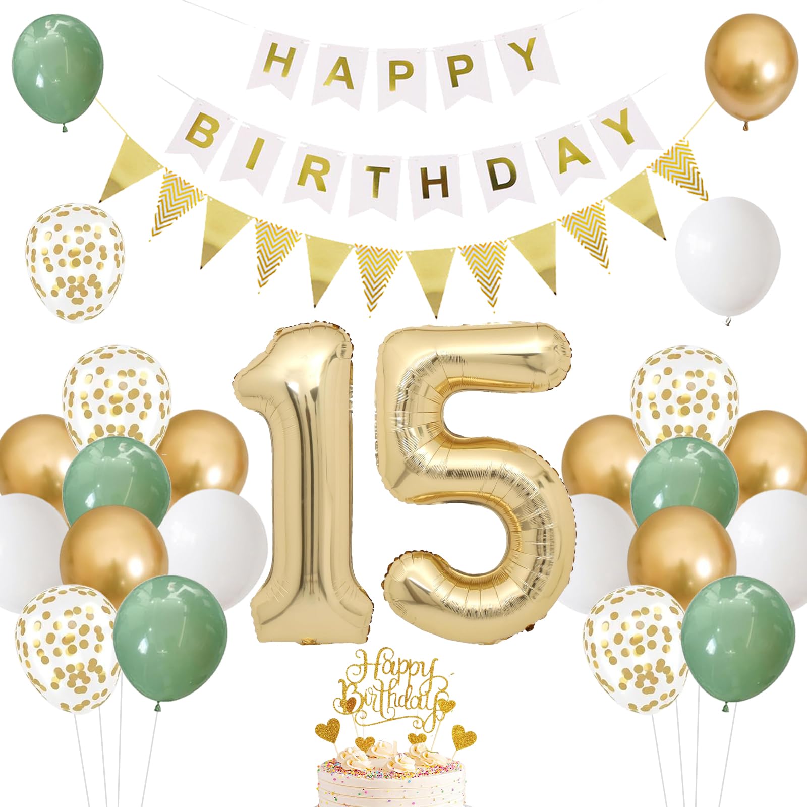 15th Birthday Girl Boy, Decoration 15th Birthday Girl, Sage Green Birthday Decoration 15 Years Girl, Foil Balloon Number Balloon 15th Birthday Happy Birthday Garland Birthday Decoration Girl 15 Years โ image 1