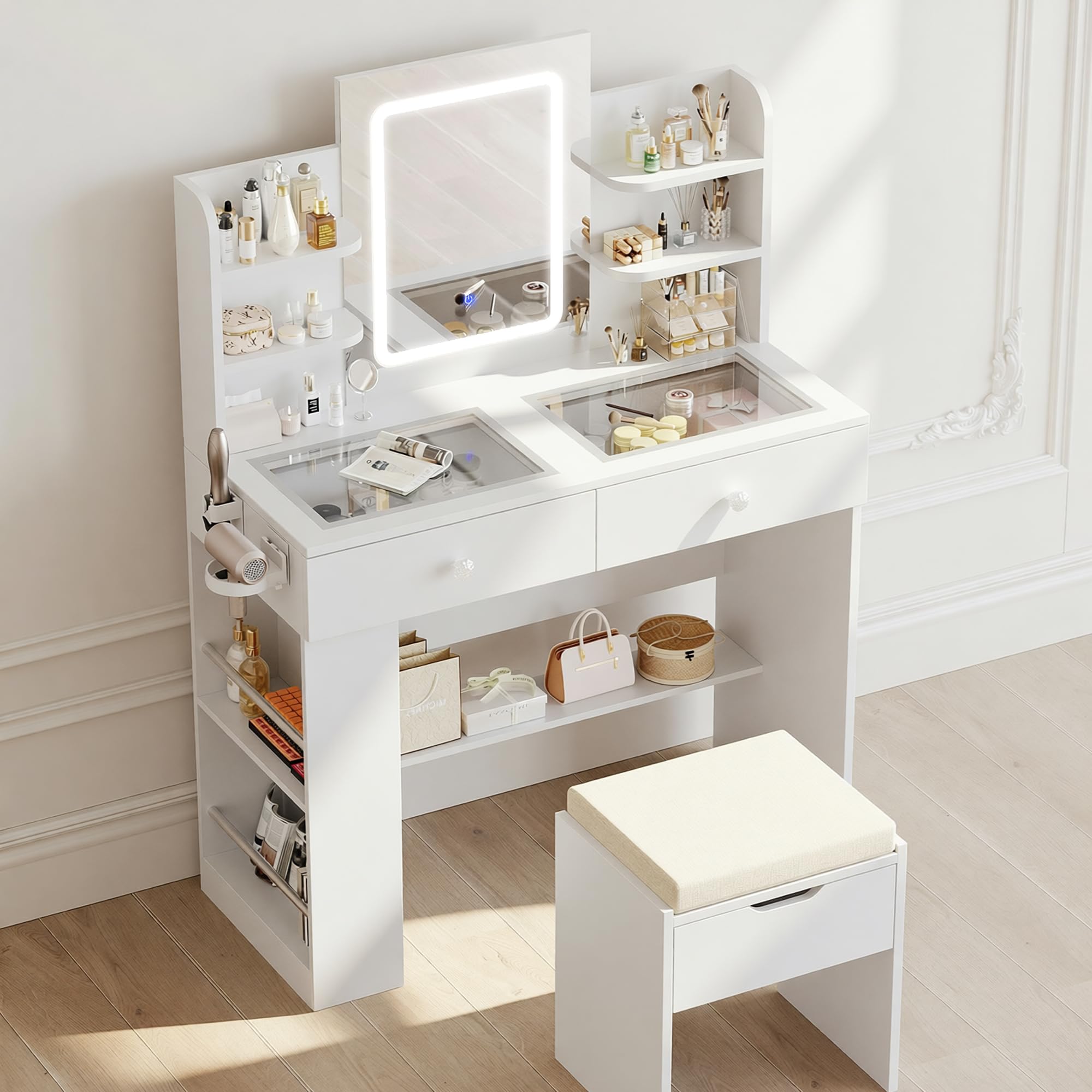 Claiks White Dressing Table and Stool Set with LED Mirror, Glass Top Vanity Desk with Cushioned Stool, 2 Drawers, Adjustable Shelves & Side Storage, 3-Color Lighting for Bedroom