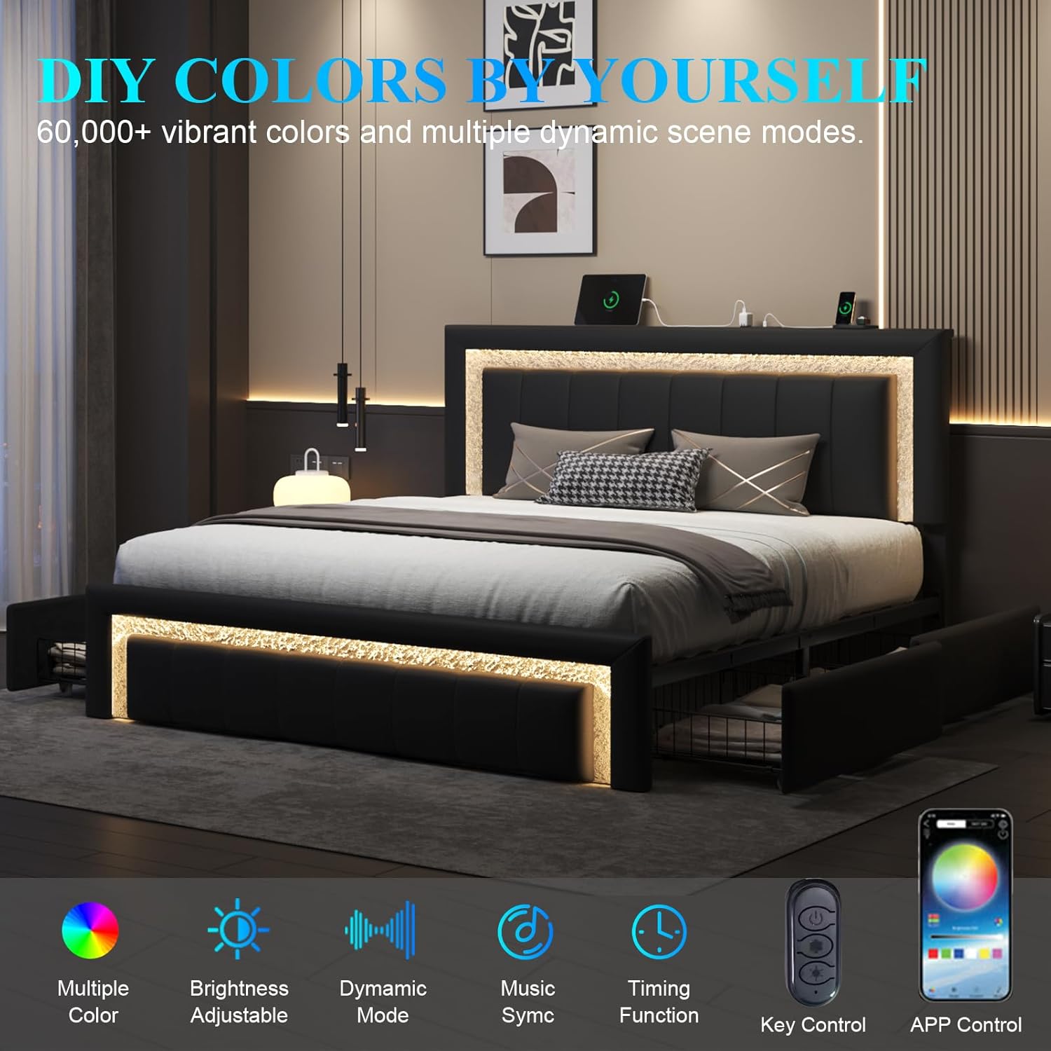E-Ser Queen Size Bed Frame with Charging Station, Storage Drawers & LED Lights, PU Leather Upholstered Platform Bed with Adjustable Headboard, Heavy Duty Metal Slats, No Box Spring Needed, Black