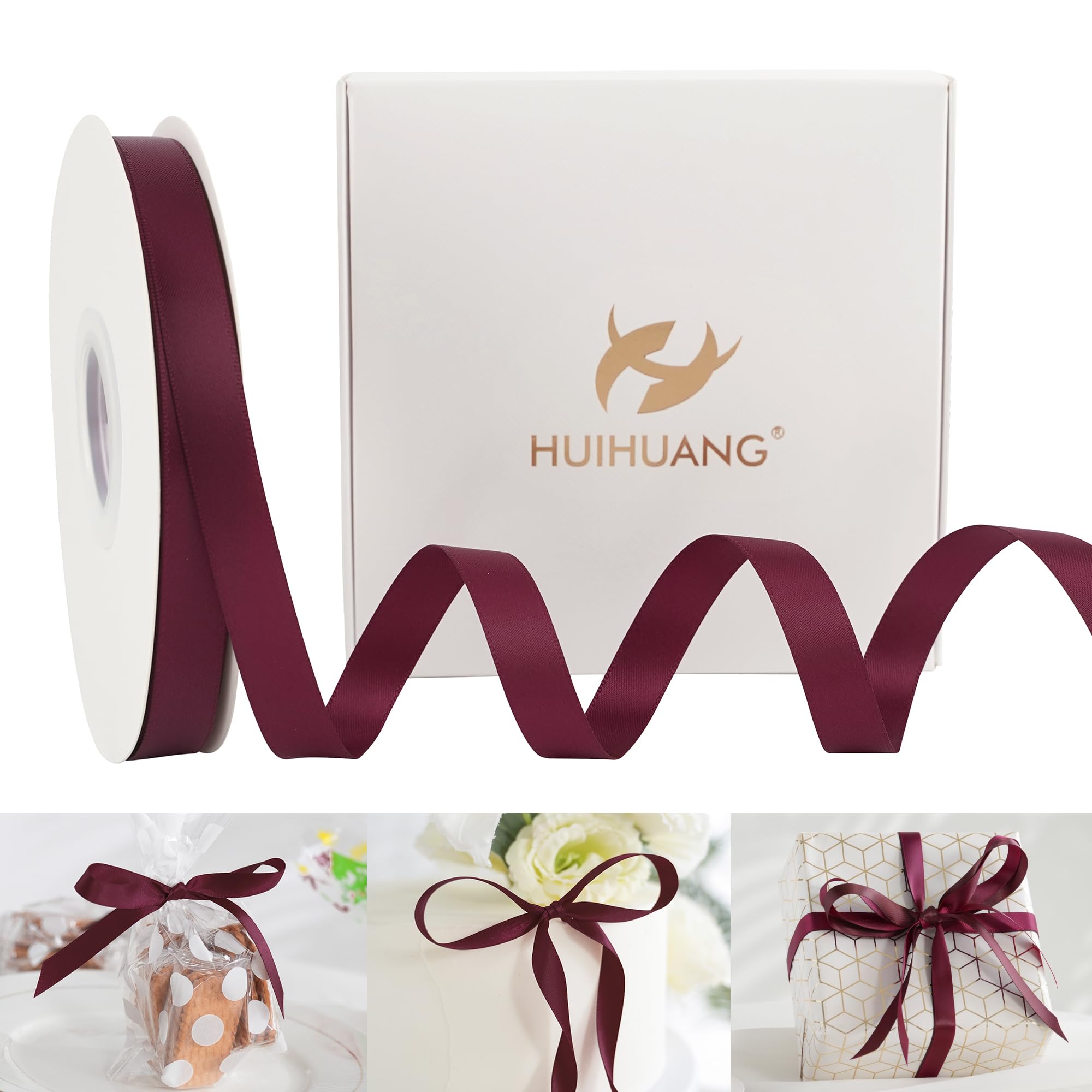 Photo 1 of HUIHUANG Wine Red Satin Ribbon 1/2 inch X 50 Yards Continuous, Maroon Double-Faced Satin Ribbon for Gift Wrapping, Bows, DIY Crafts, Flower Bouquet, Wedding, Christmas Decor, Birthday
