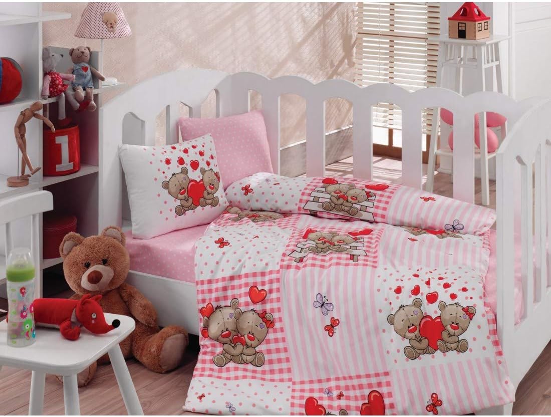 100% Cotton Baby Bedding, Heart Teddy Bear Themed Duvet Cover Set, Crib Bedding for Baby Girls,