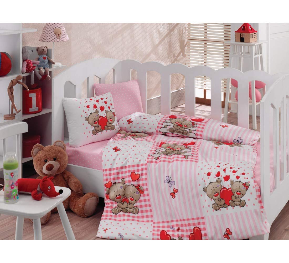 100% Cotton Baby Bedding, Heart Teddy Bear Themed Duvet Cover Set, Crib Bedding for Baby Girls,