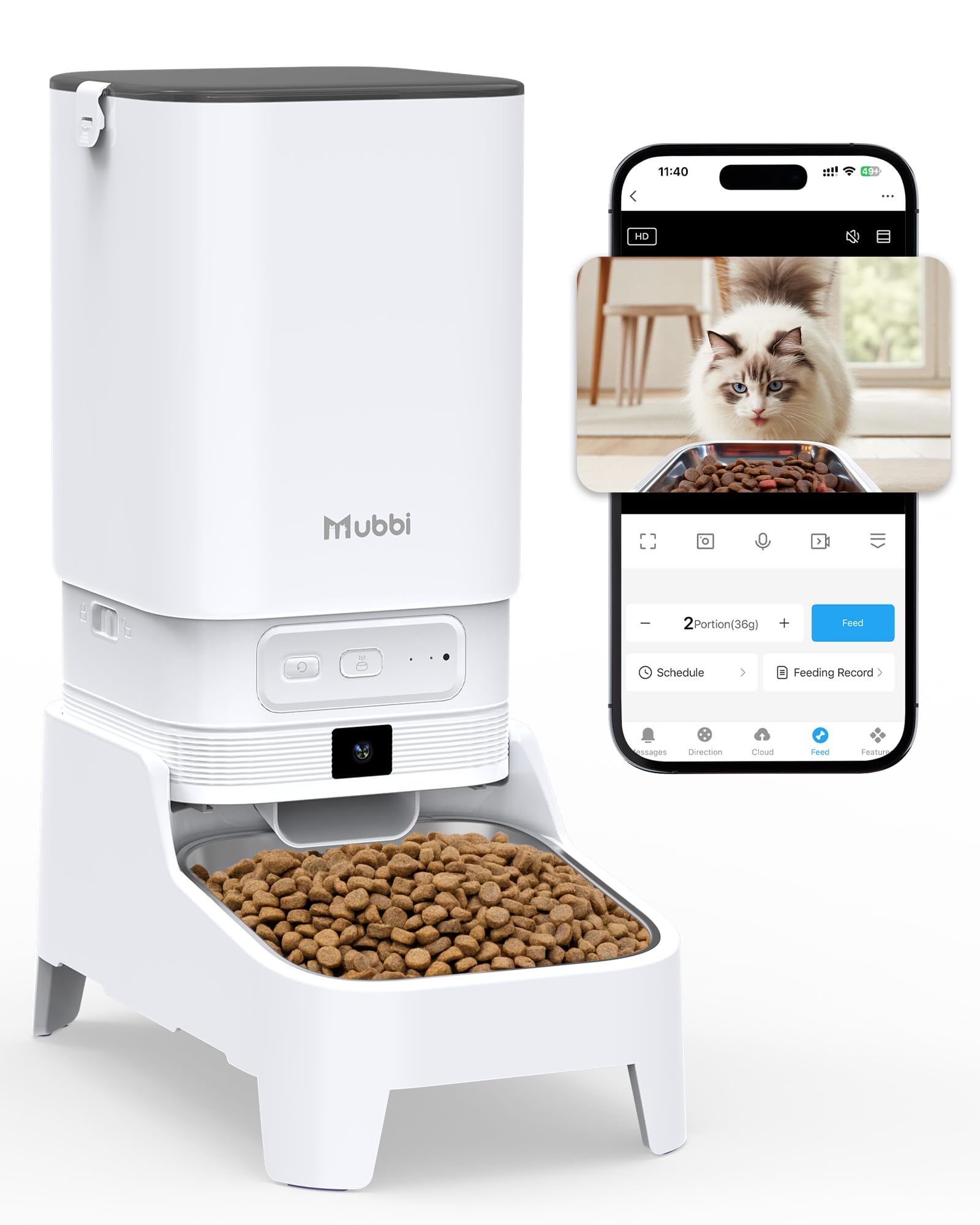 Automatic Cat Feeder with Camera 5G WiFi, Elevated Automatic Dog Feeder with Night Vision, 7L Large Capacity, No-Jam, Stainless Steel Bowl, No Spinal Pressure, Detachable for Easy Clean