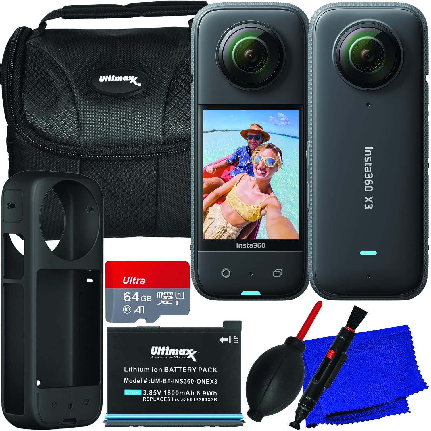 Ultimaxx Basic Insta360 X3 Action Cam Bundle - Includes: 64GB Ultra microSDXC Memory Card, Spare Battery (1800 mAh), Silicone Sleeve with Lanyard, Water-Resistant Carry Case & More (12pc Bundle)
