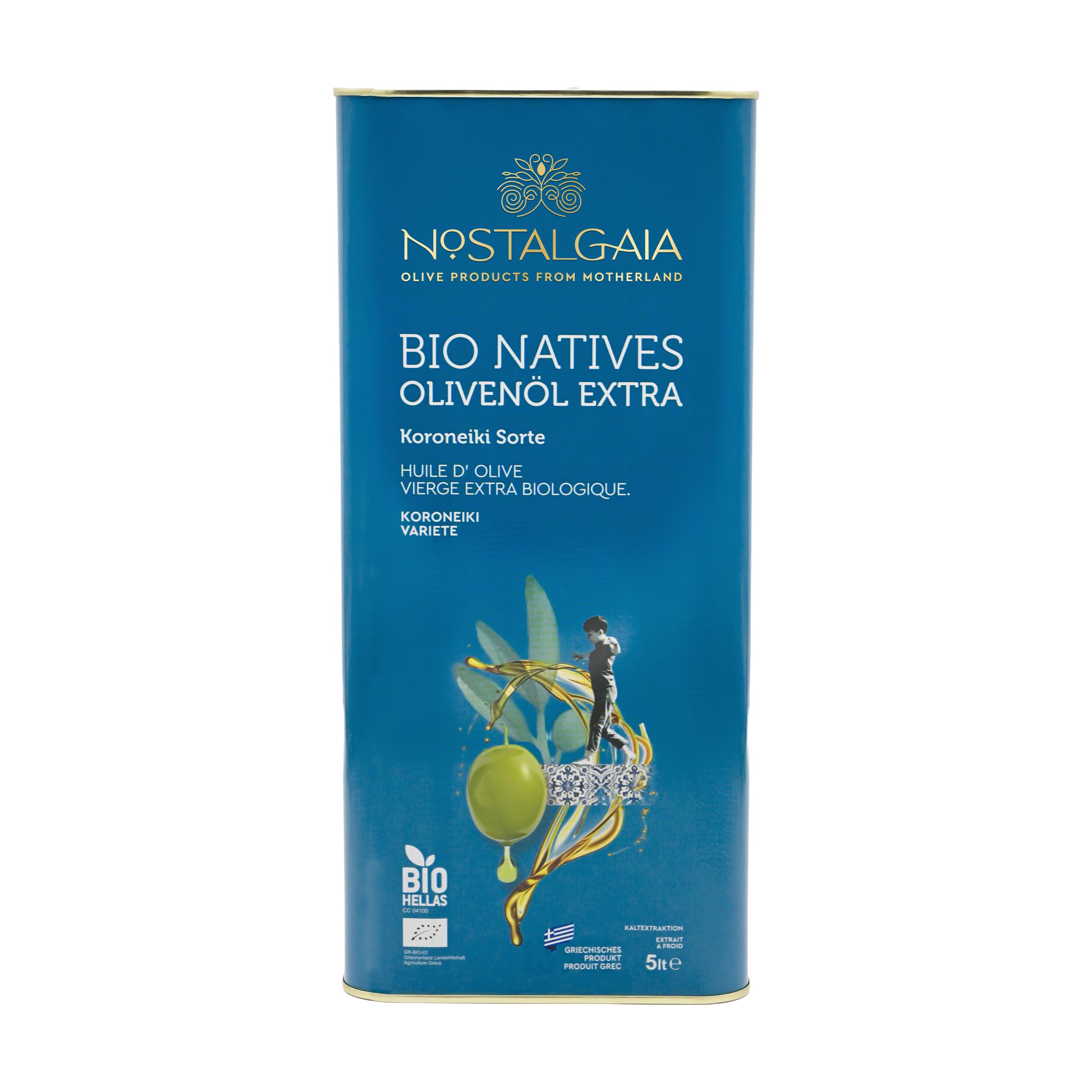 NOSTALGAIA 5 Litres Bio Griechisches Natives Olivenöl Extra – 100% Koroneiki, Kaltgepresst, Hoher Polyphenolgehalt, Frische Ernte 2025/2026, Premium Qualität, 5L Kanister