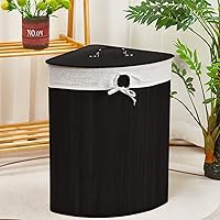 Vista 7 de Gueevin Cesta de bambú de esquina para la ropa sucia con tapa y forro extraíble, cesta de lavandería de bambú con asa, cesta de almacenamiento