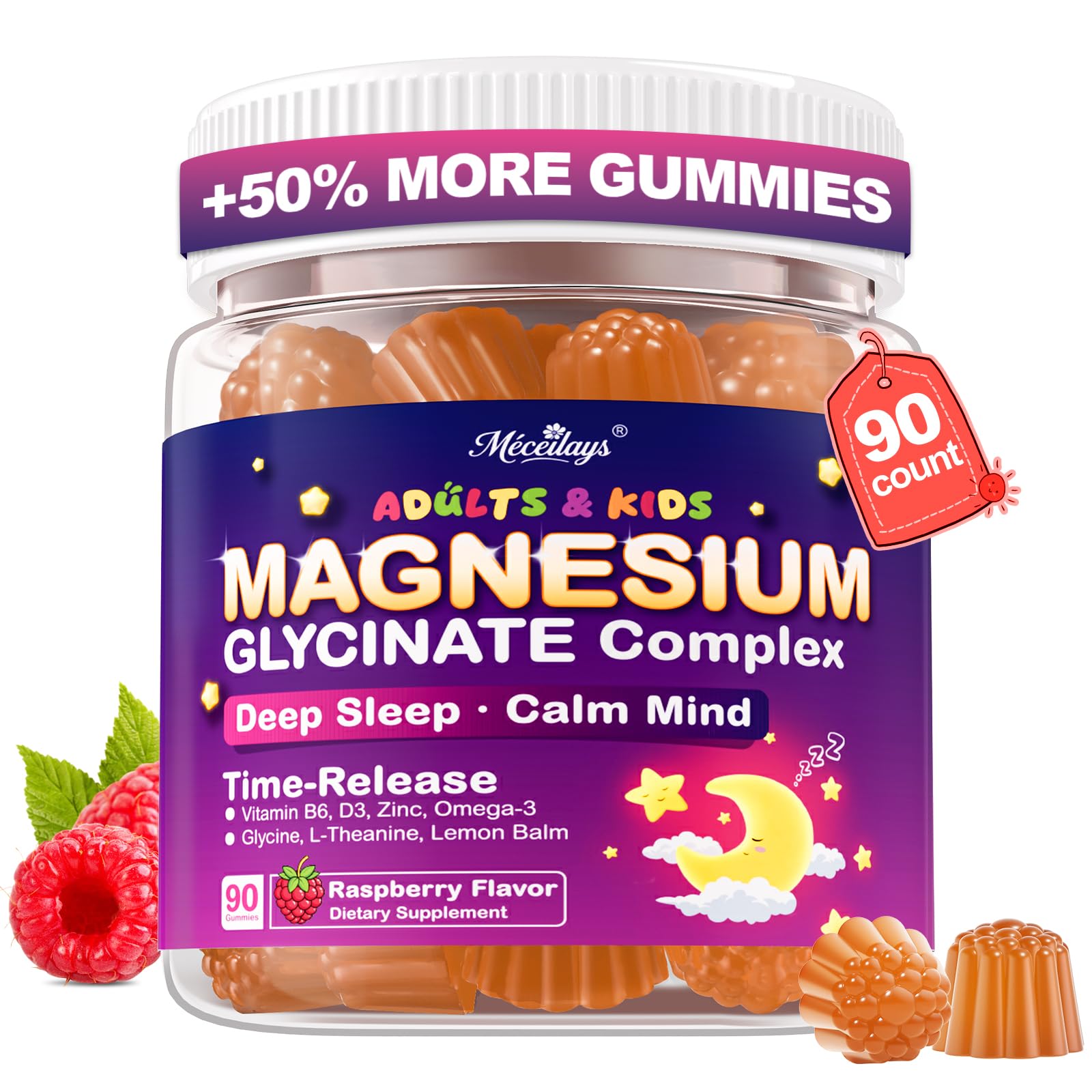 Magnesium Glycinate Gummies for Kids 4+ & Adults, 90 Counts No Melatonin Magnesium Gummies for Sleep & Calm, Sugar Free Vegan with Glycine, L-Theanine, B6, D3, Zinc & Omega 3 - Raspberry Flavor 90 Count (Pack of 1)