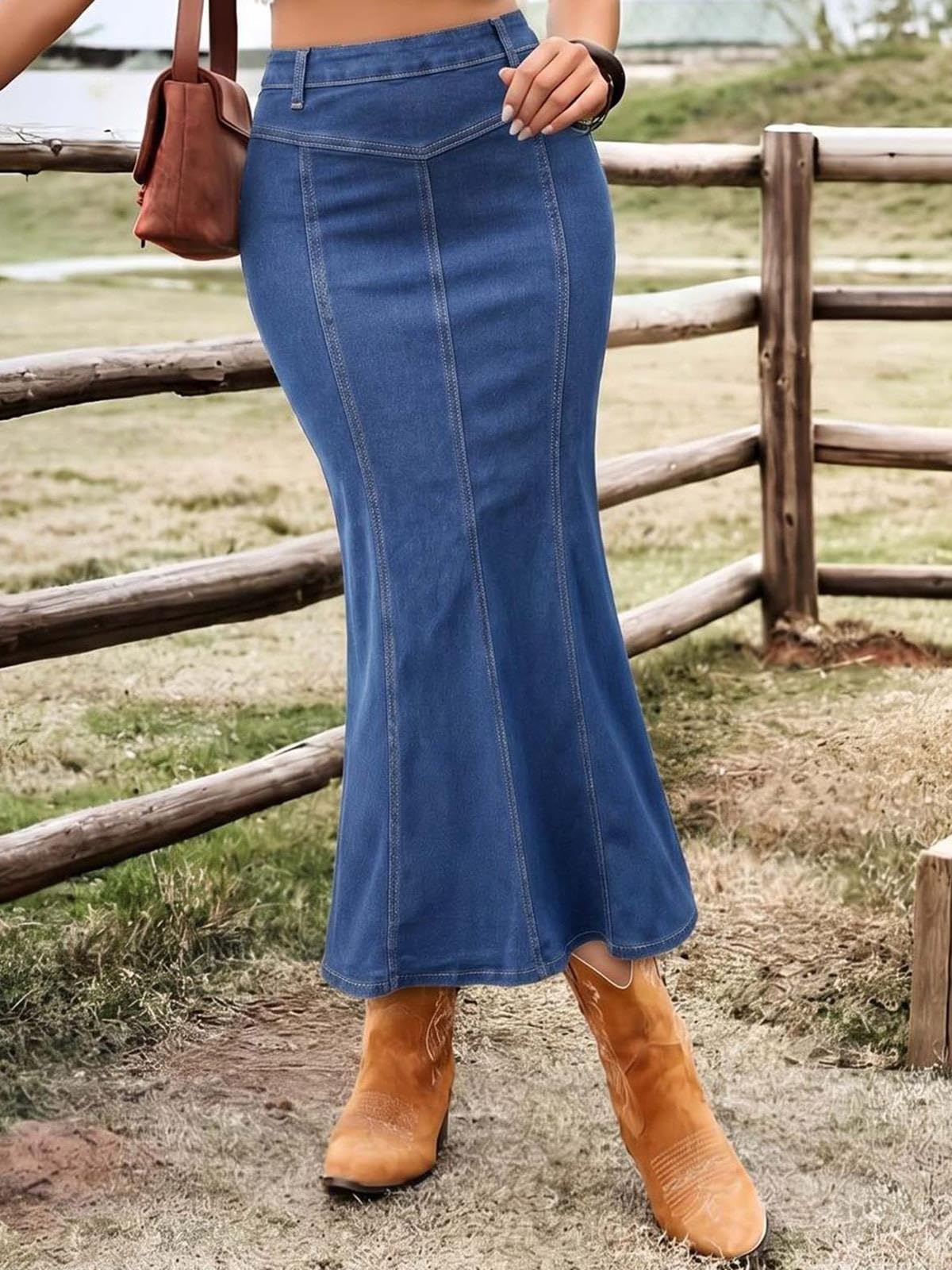 Gonna In Denim Da Donna,Gonne Midi In Jeans A Coda Di Pesce,A Vita Alta