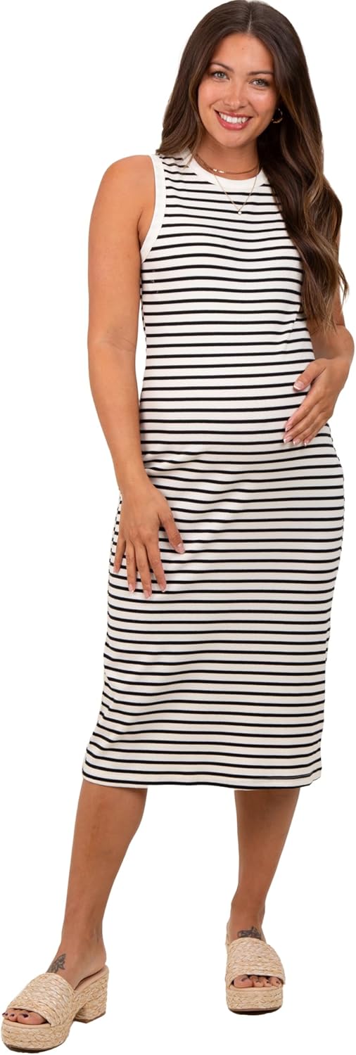PinkBlush Striped Ribbed Knit Sleeveless Maternity Midi Dress
