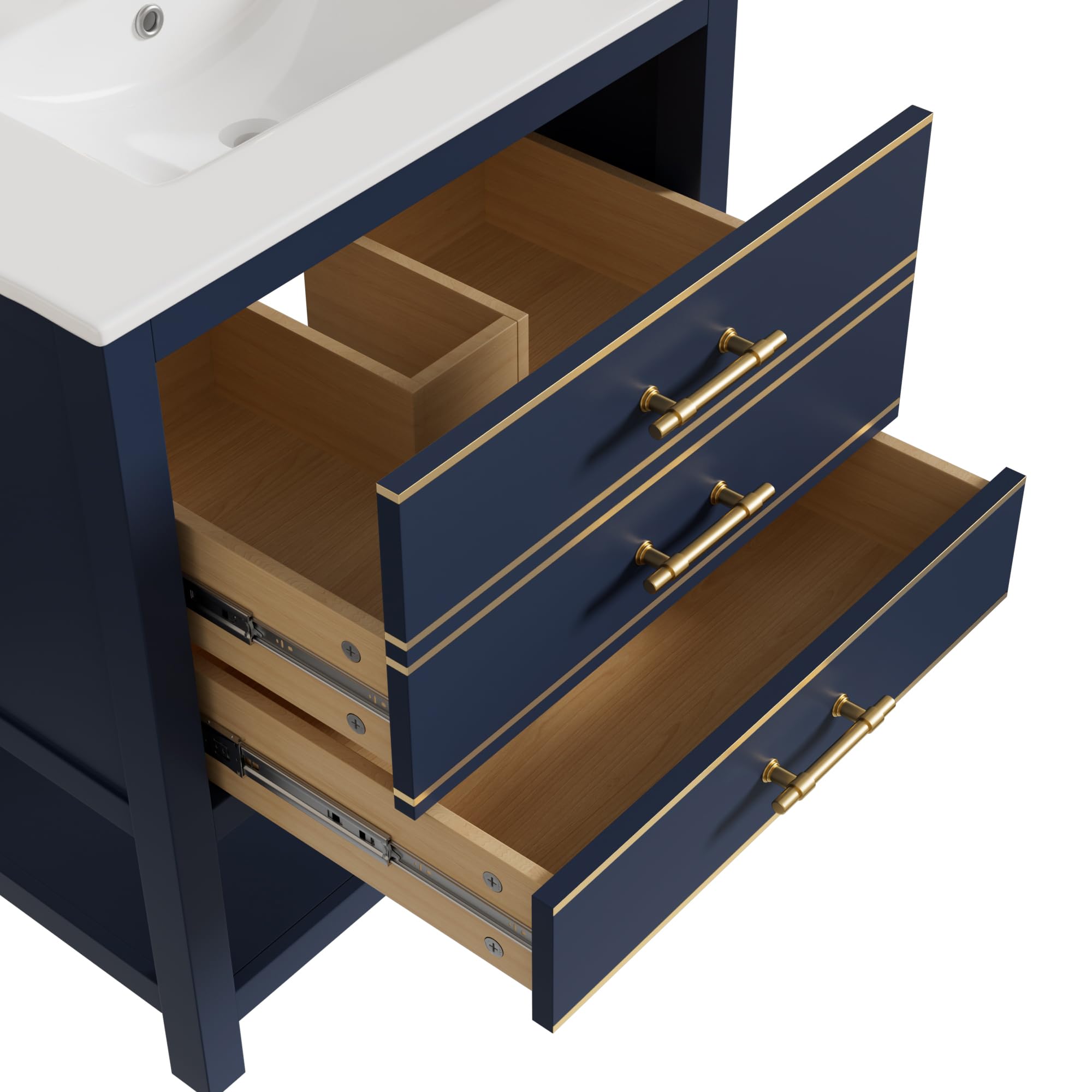 Lexiou Mueble de baño con lavabo de cerámica, mueble de baño independiente con 2 cajones y compartimento abierto, asas doradas, sin grifo ni desagüe (negro y azul)