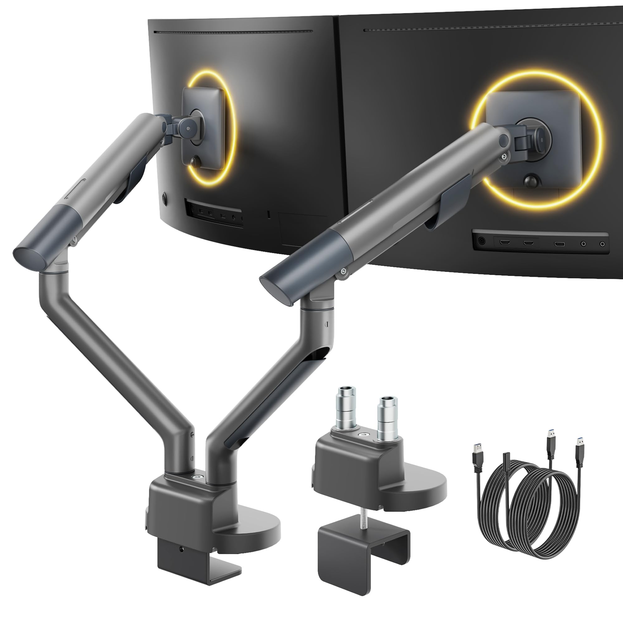 monTEK Brazo Monitor Doble de 17 a 35 Pulgadas con USB A/C 3.0 | Soporte de Doble Pantalla Resistente, Ajustable con Muelle hasta 11kg, VESA 75/100mm, Inclinable y Giratorio, Gris Oscuro