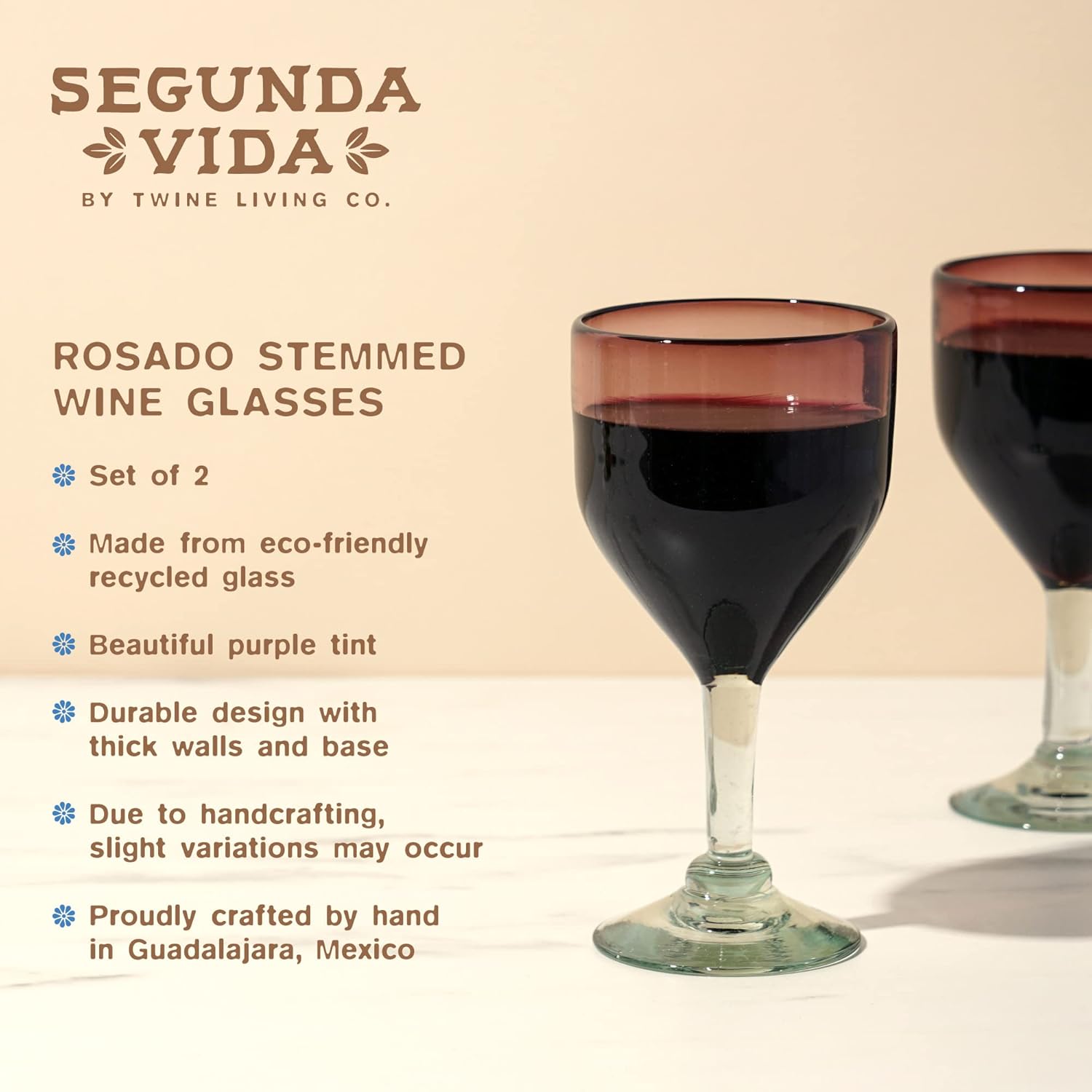 Segunda Vida Rosado Stemmed Wine Glasses - Hand Blown Red Wine Glass Set - 100% Recycled Glassware Made in Mexico 13oz Set of 2