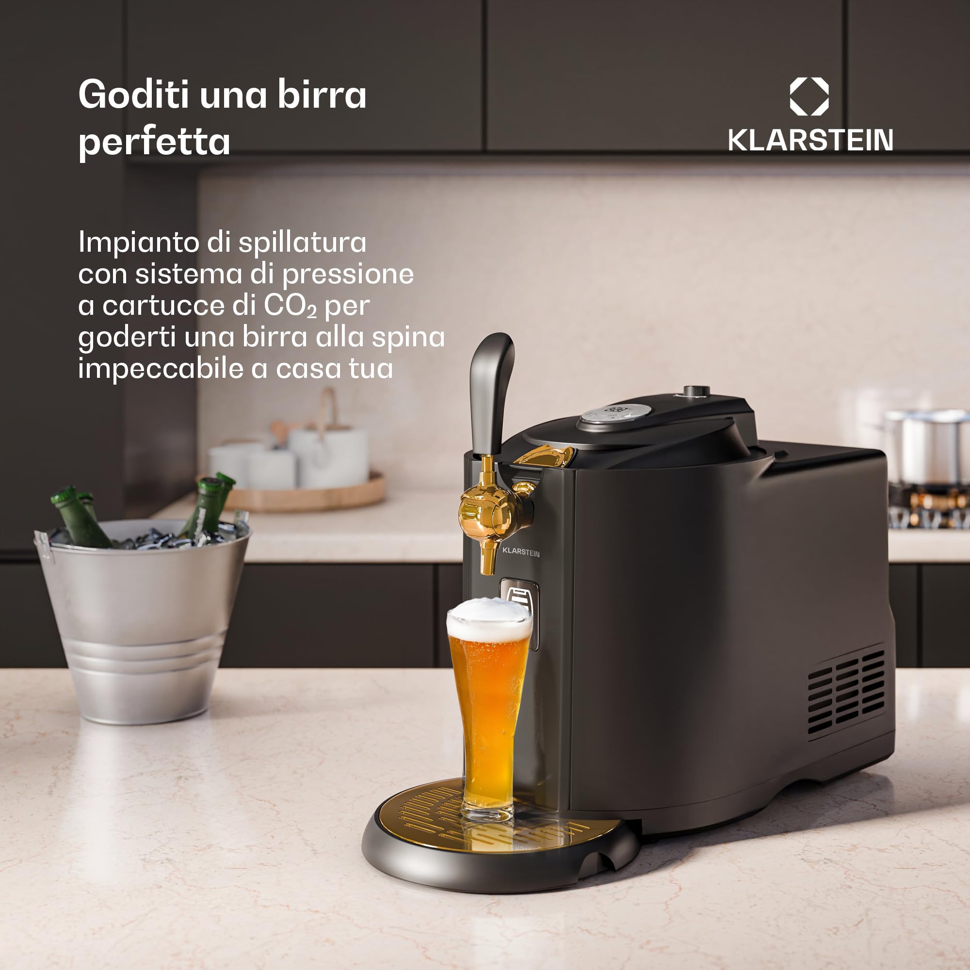 Klarstein Spillatore Birra da Casa - Dispenser Birra con Raffreddamento UltraFast, Temperatura Regolabile, Sistema a Cartuccia CO2, Display LCD