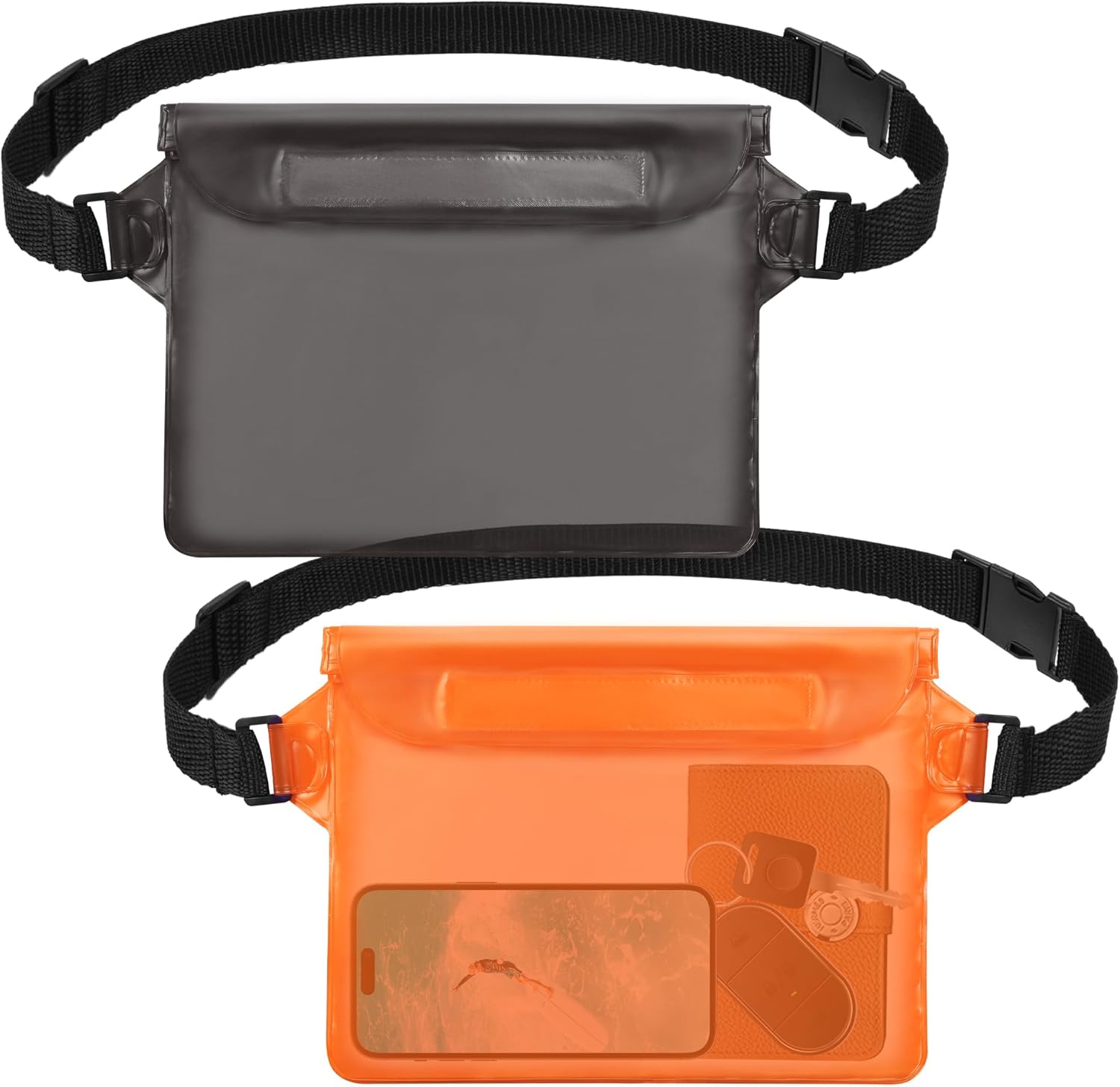 2-Pack Waterproof Pouch with Adjustable Waist Strap, Waterproof Dry Bag, Keeps Cell Phones and Valuables Safe and Dry, Perfect for Kayaking, Beach, Camping and Swimming (Black + Orange) 2-Pack Waterproof Pouch with Adjustable Waist Strap, Waterproof Dry Bag, Keeps Cell Phones and Valuables Safe and Dry, Perfect for Kayaking, Beach, Camping and Swimming (Black + Orange)