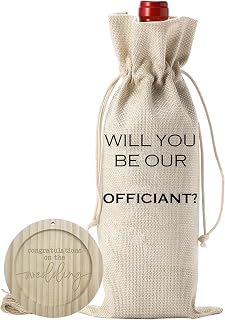 Burlap Wine Bags With Drawstrings & Wood Coaster-Will You Be Our Officiant?-Bottle Bags For Pastor-Reusable Wine Gift For Officiant Proposal Gift For Wedding Day Favors & Supplies-A18