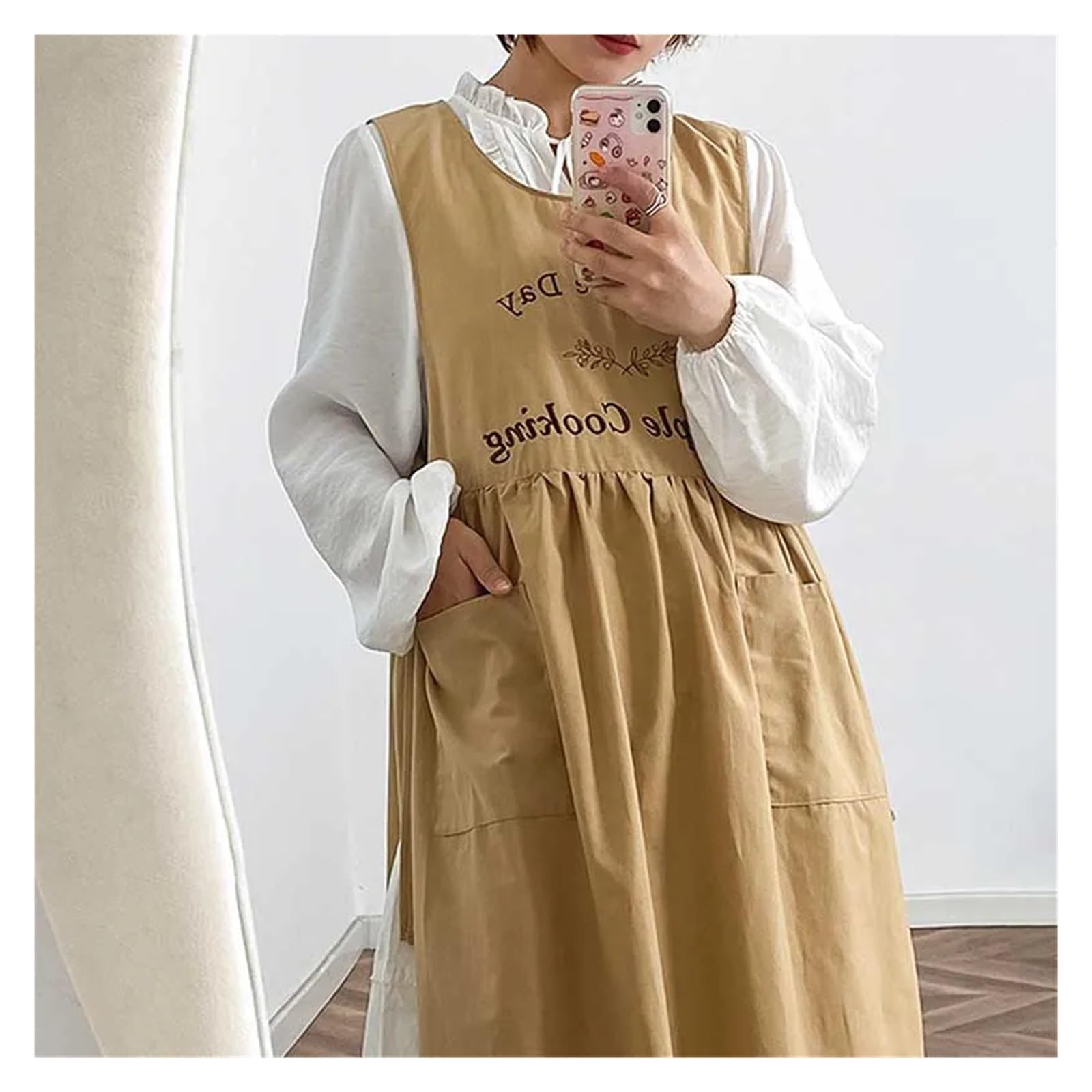 Grembiule da cucina senza maniche in cotone impermeabile ricamato antimacchia con tasche, for cucinare e giardinaggio