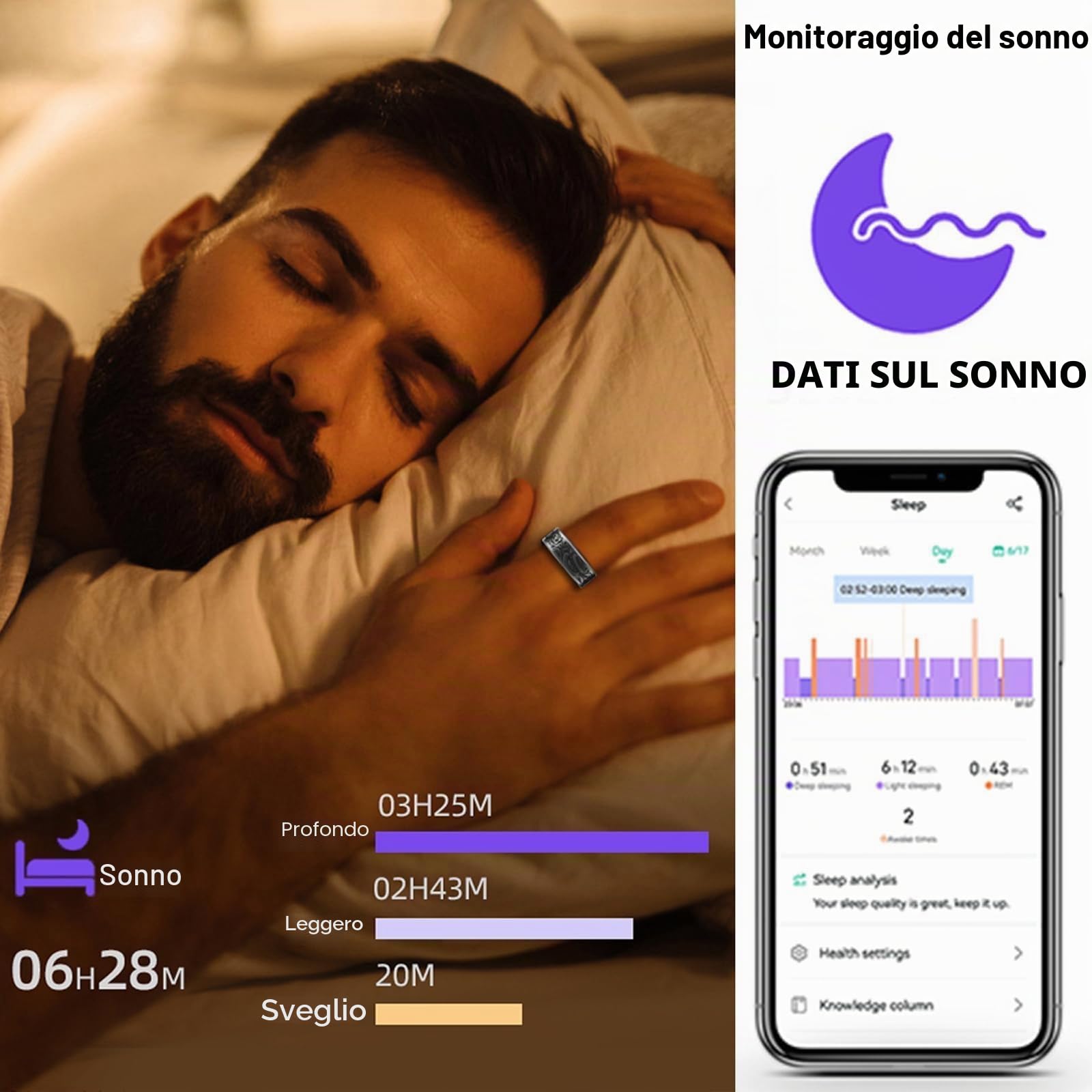 findtime Anello intelligente con cardiofrequenzimetro, anello per il sonno, fitness tracker per la pressione sanguigna, ossigeno nel sangue, contacalorie, contapassi, impermeabile, stile retrò,