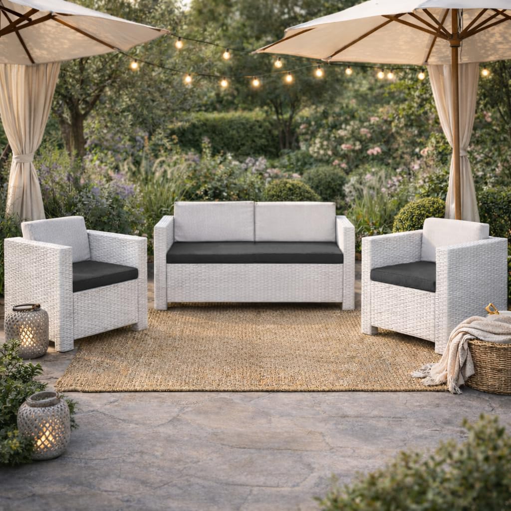 HAND Tris di Cuscini da Esterno Sfoderabili per Poltrone e Divanetto, Cuscini Esterno Giardino Set da 3 PZ, per Poltrona, Salotto, SALOTTINO, Rattan/MIDOLLINO in Cotone, Made in Italy (Antracite)