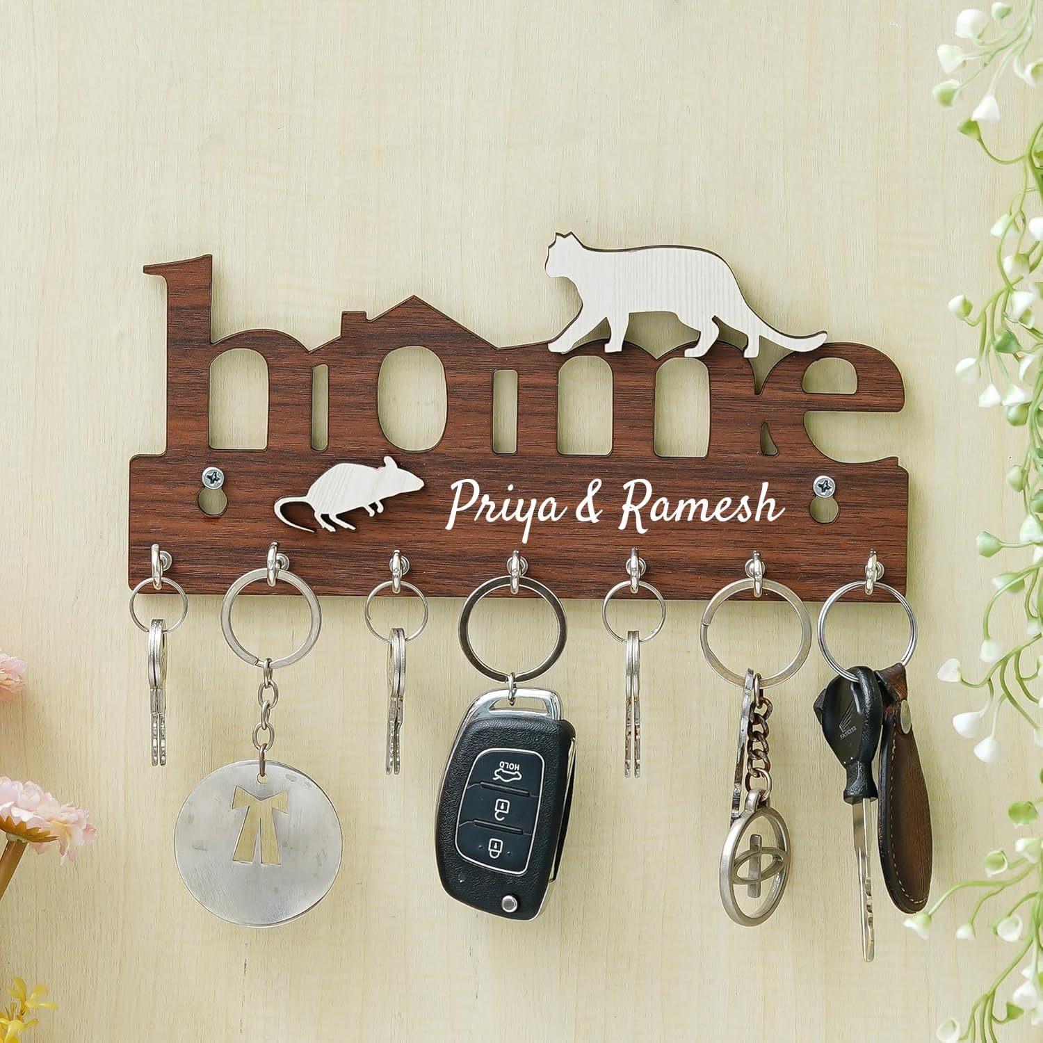Webelkart Designer Wooden Key Holder with Cat Design, Home Name Customisation, 24.13 cm, Brown