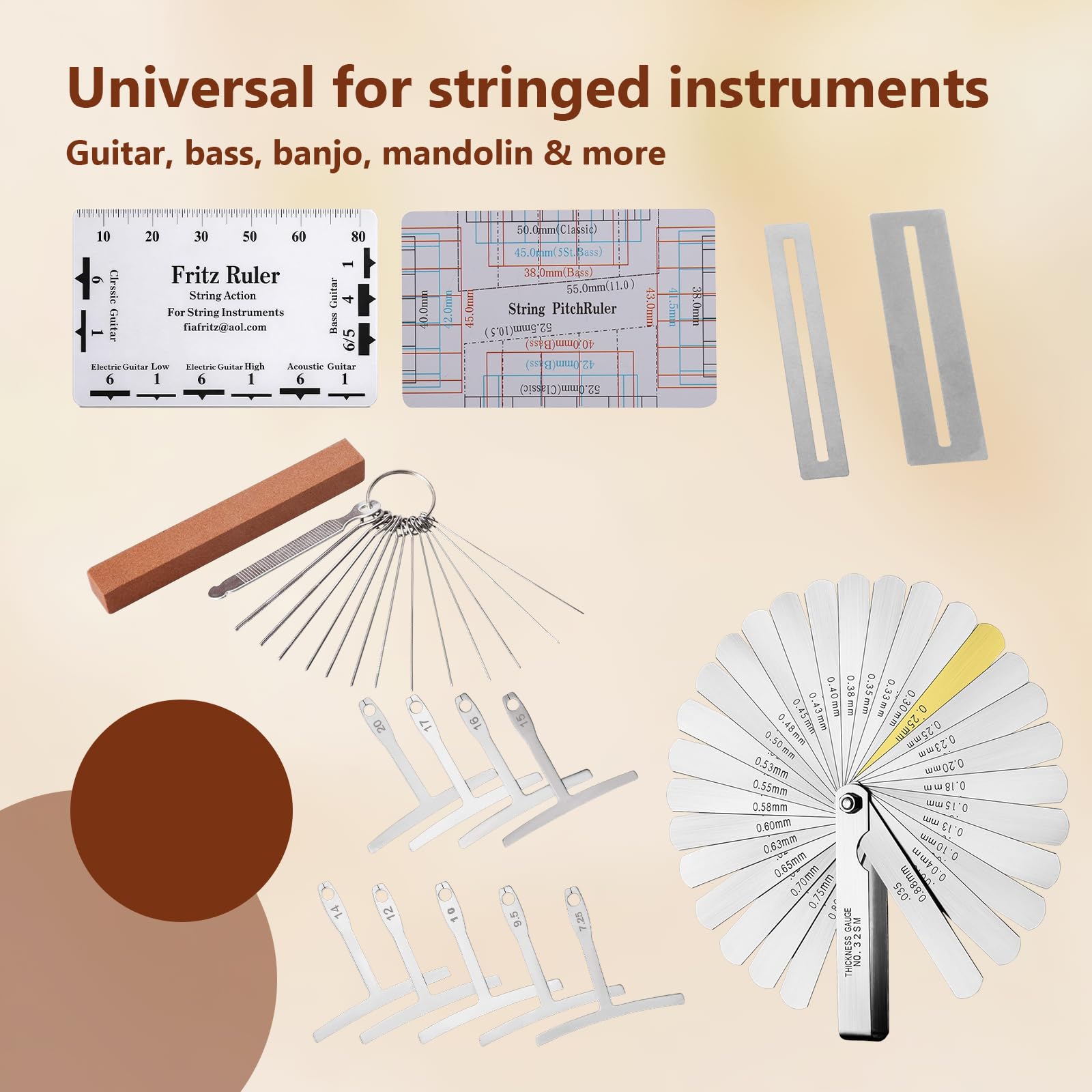 Gitarren Werkzeug Set Messwerkzeug für Die Gitarre Gitarren Tool Set Enthält Kunststofflineal Silbernen Pads Spaltlehre Roten Wetzstein Feile Und 9 T Winkel Geeignet für Bass Banjo Usw