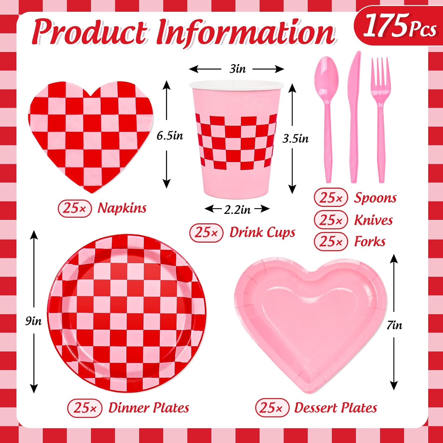 FYSUIMU 175 Pcs Valentine's Day Party Supplies Kit Tableware Set Red Pink Heart Shaped Plaid Disposable Dinnerware Paper Napkin Plate Cup Spoon Fork Knife for 25 Guest Wedding Party Favor