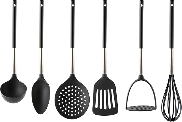 MasterChef 525513 6-Piece Utensil Set, Incl. Slotted Turner, Ladle, Spoon, Skimmer, Potato Masher & Whisk, Stainless Steel w/Nylon Head